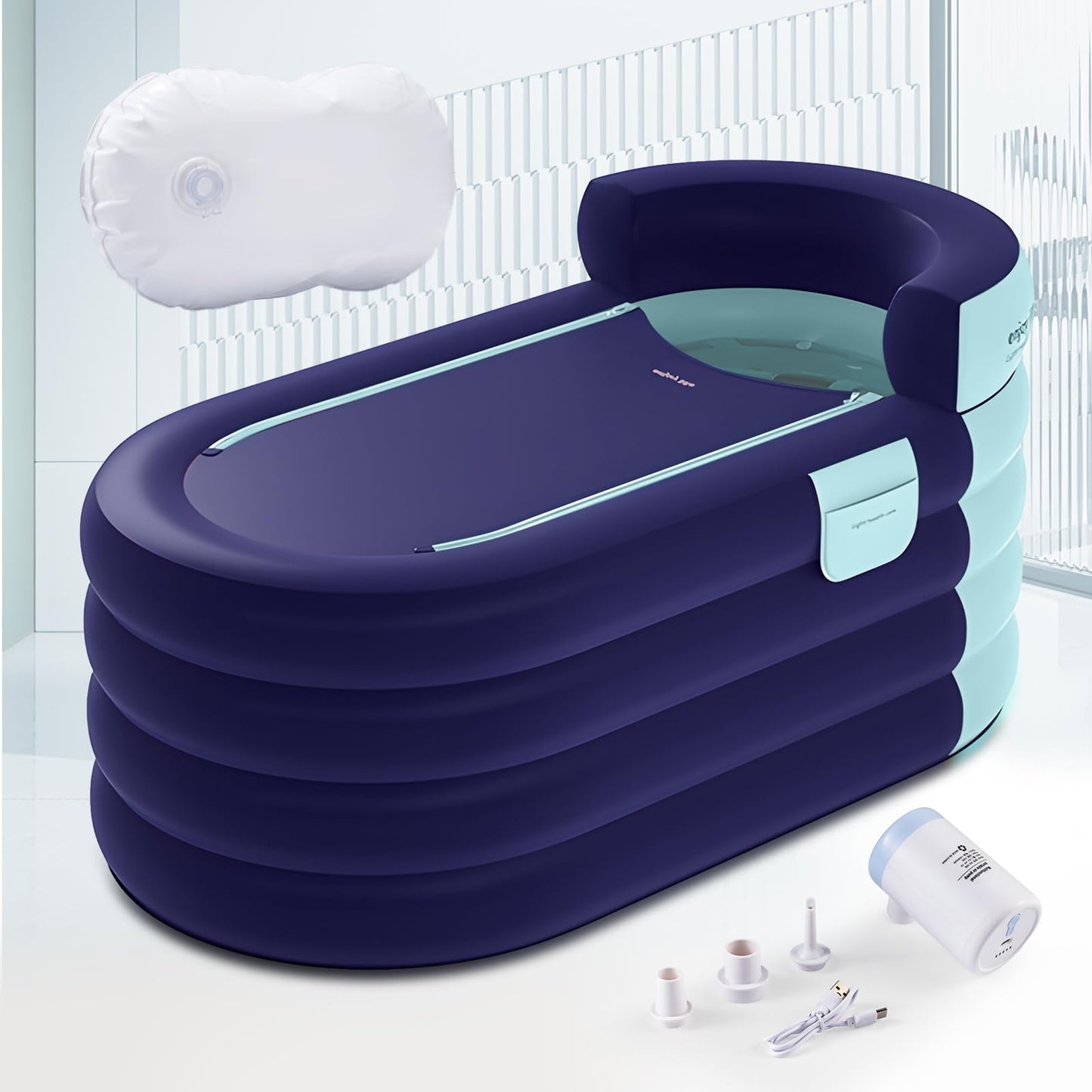 Hapyvergo Inflatable Bathtub Adult 63'' Portable Blow Up Bath Tubs with Cordless Air Pump, Ideal for Hot Ice Bath, Quick Drain Design with 9'10'' Long Hose, Phone Pocket, Water Cushion (Blue)