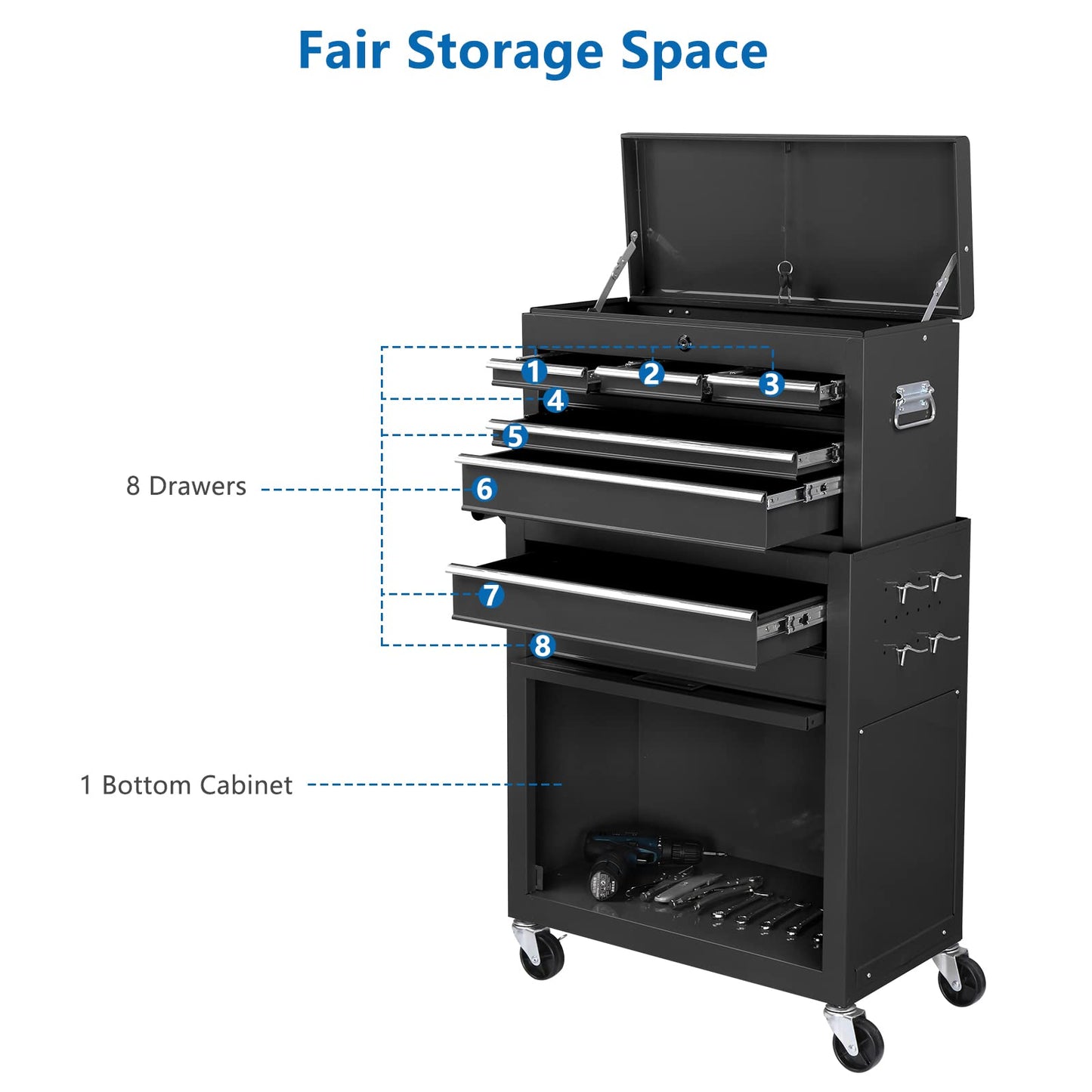 TUFFIOM 8-Drawer Rolling Tool Chest, Tool Storage Cabinet w/Lockable Wheels, Detachable Top, Drawers & Side Hooks, Mechanic Tool Organizer Box for Garage Warehouse Repair Shop