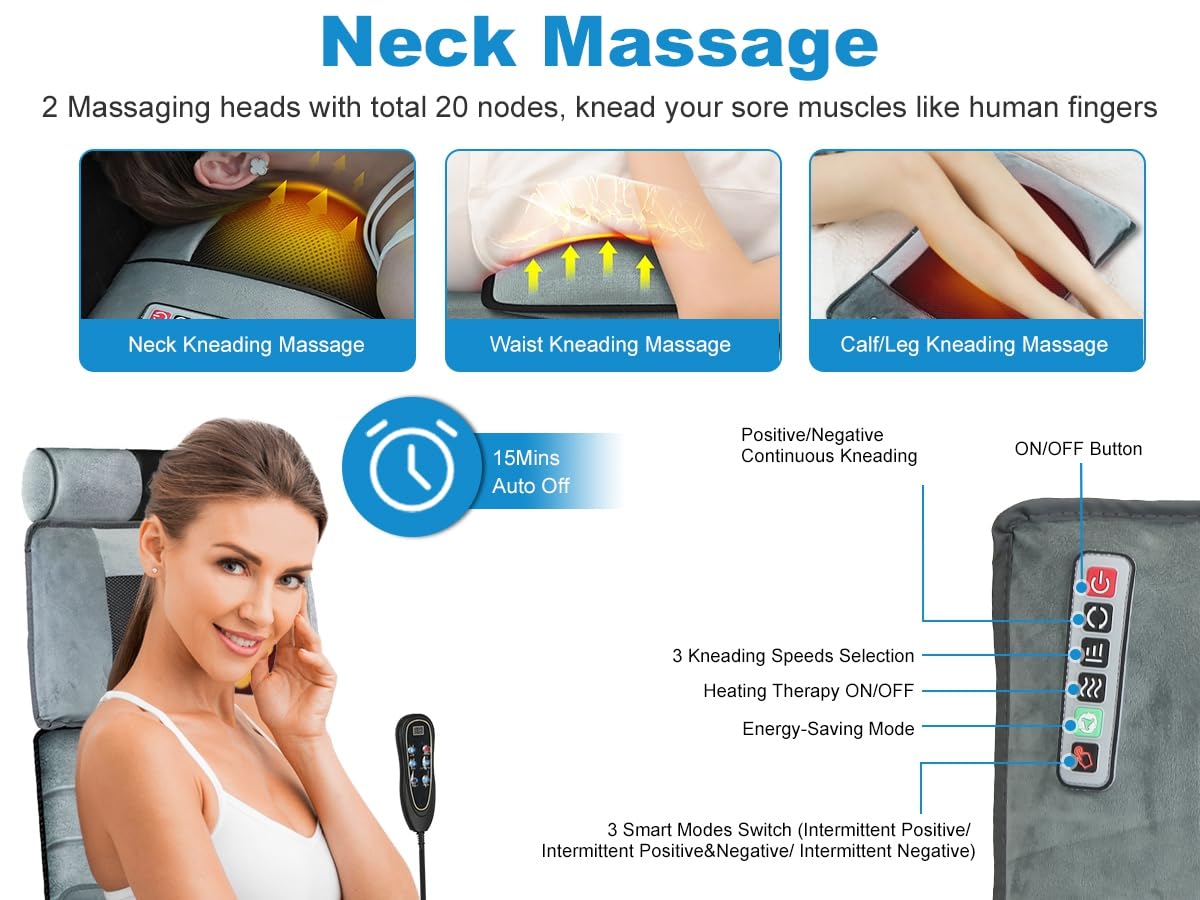 KOCASO Full Body Massage Mat with Heat, Electric Massage Mat Chair Pad Back/Neck/Foot Massager, Detachable Lumbar& Head Pillow W/ 2 Earplugs-Vibration & Kneading for Stress Relief/Gift