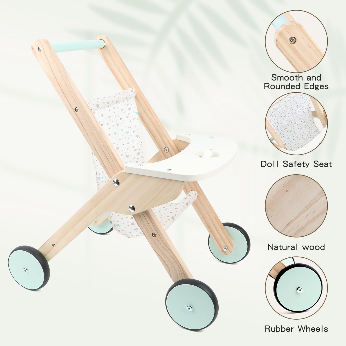 Canuan Wooden Baby Walker Doll Stroller, Baby Push Walker, Shopping Cart Learning Walk for Boys and Girls, Wood Push Toys for Toddler Learning to Walk