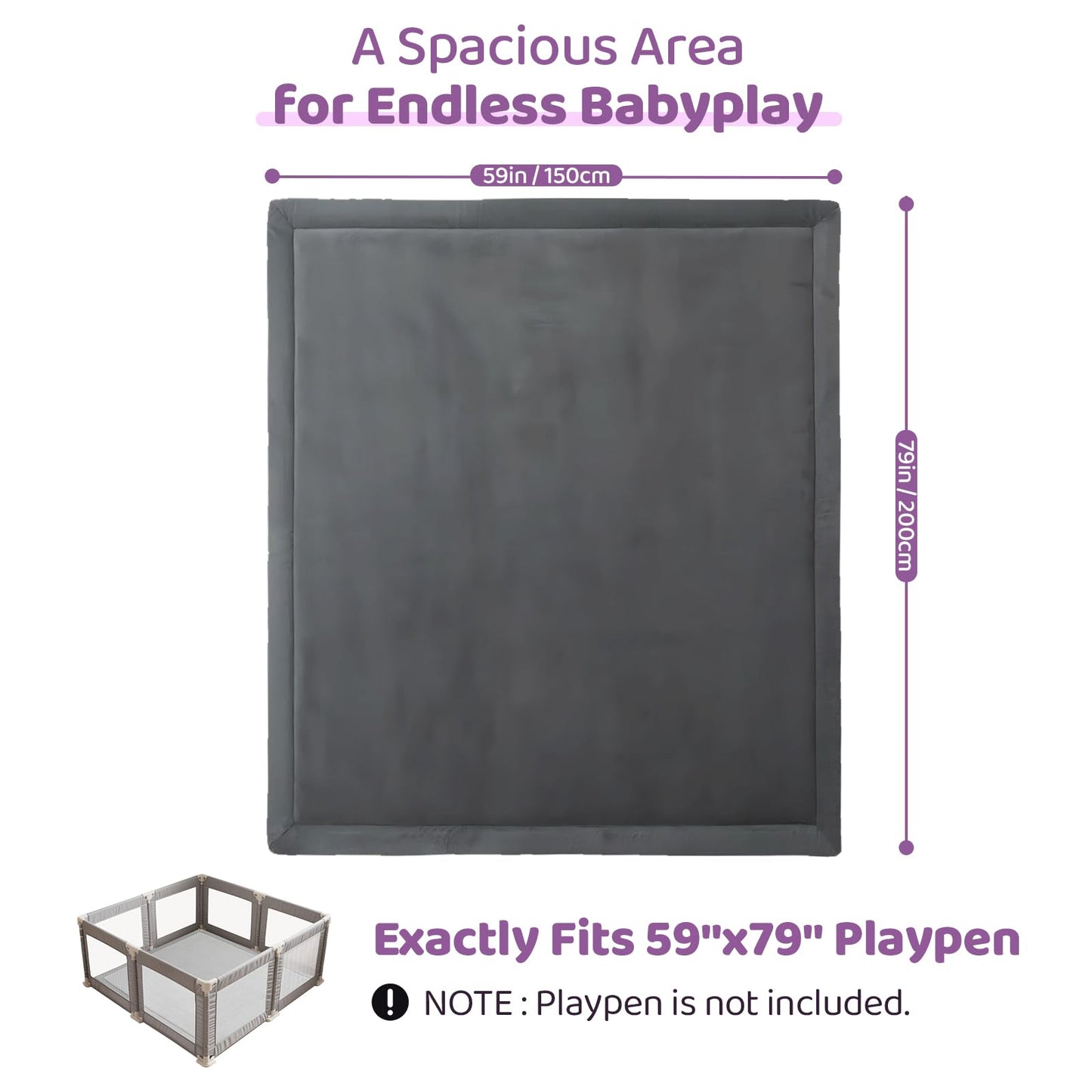 TreeBud Baby Play Mat for Floor, 1.3 Inch Thick Memory Foam Tummy Time Mat with Non Slip Backing, Soft Coral Velvet 59X79 Inch Playpen Mat Crawling Tatami for Infants Toddlers Kids, Dark Gray