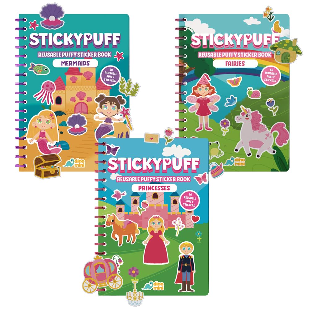 DINO MINI Stickypuff Value Pack - 3 Reusable Puffy Sticker Book for Toddlers - Puffy Stickers for Toddlers - Travel Activities for Kids Ages 4-8 - Screen Free Birthday Gifts (Wonderland)