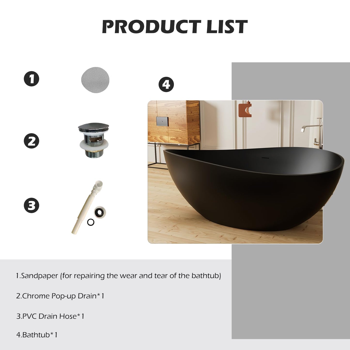 GIVINGTREE Freestanding Solid Surface Resin Stone Bathtub, Contemporary Design Stand Alone Tub with Pop-up Drain and Overflow, cUPC Certified