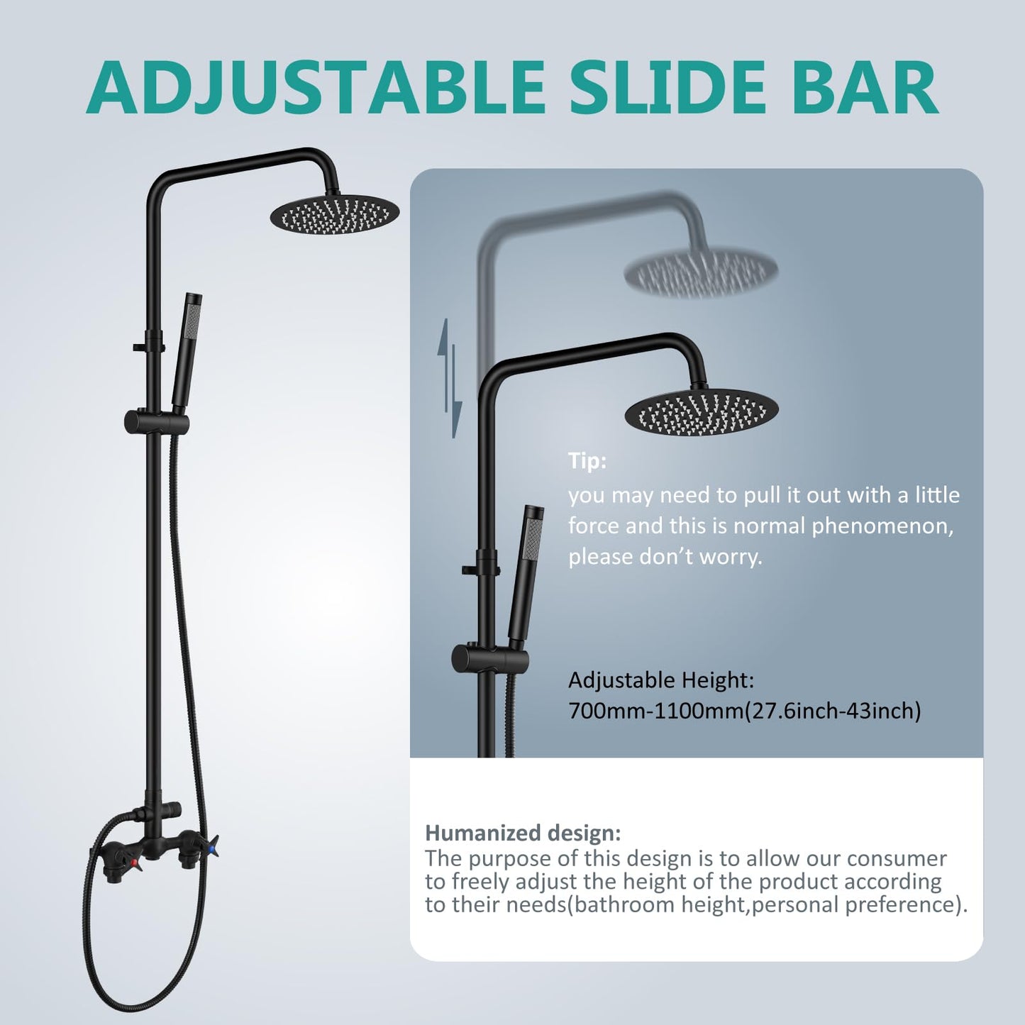 Aolemi Outdoor Shower Kit Outdoor Shower Fixtures Faucet System 2 Handle with 8 Inch Rainfall Shower Head and Handheld Sprayer Exposed Shower with Adjustable Height Shower Pipe Matte Black
