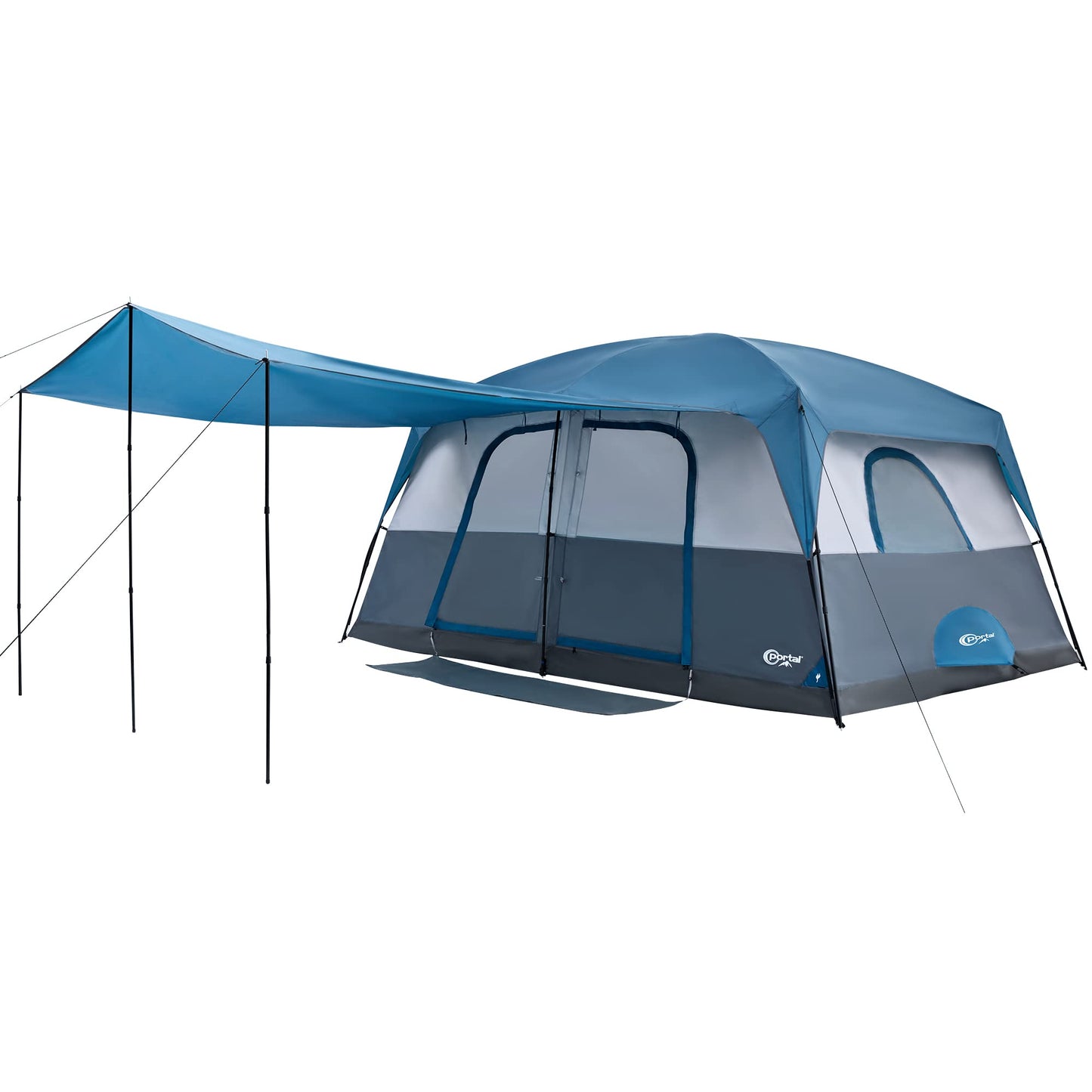 Portal 10 Person Camping Tent with Porch, Big Family Cabin Tent with 2 Rooms, 2 Doors, 2 Ground Vents, 6 Large Mesh Windows, Divided Curtain for Camping, Outdoor, Traveling, Water Resistant, Blue