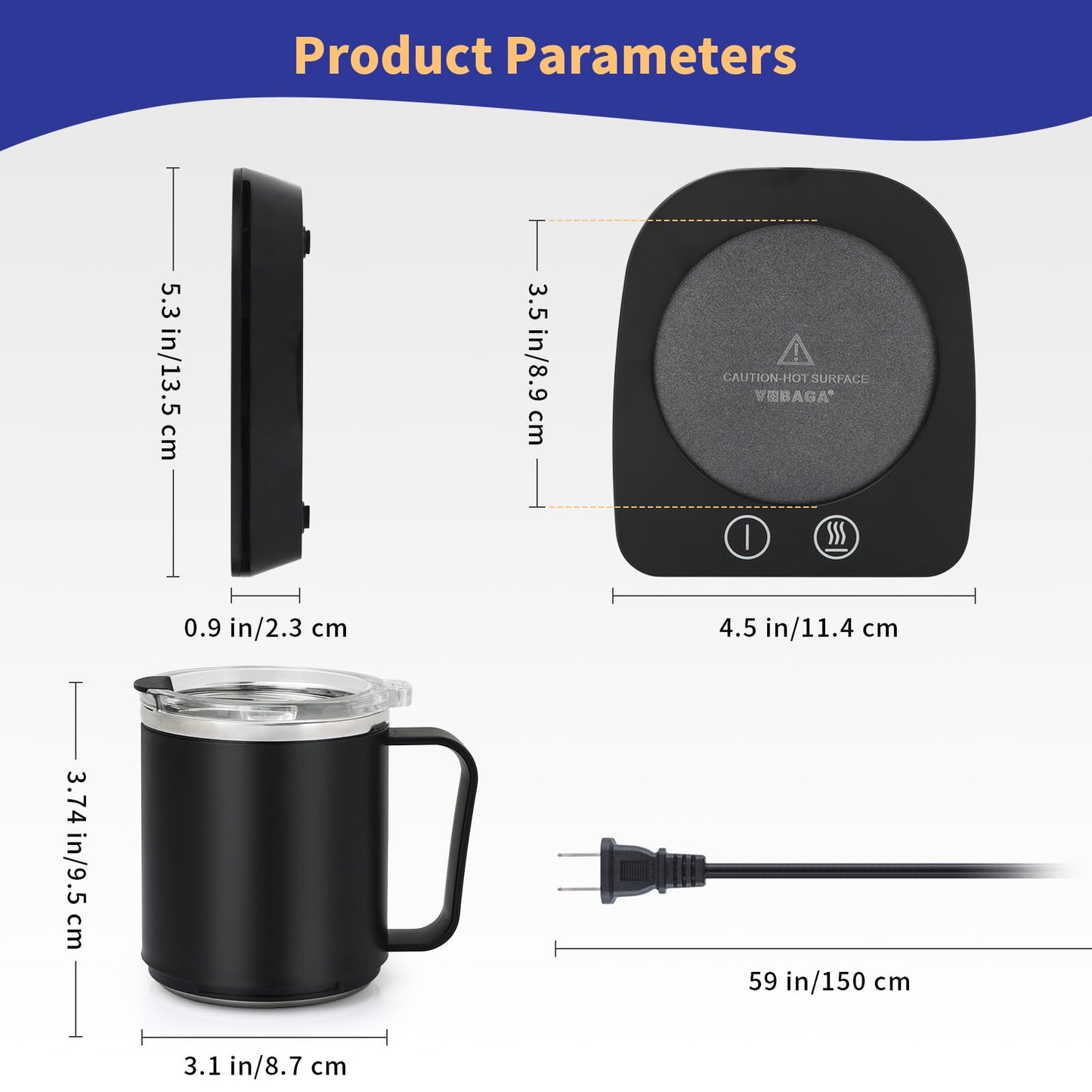 VOBAGA Coffee Mug Warmer with 15oz Mug Set, Electric Coffee Cup Warmer with Three Temperature Settings for Home Office Desk, Smart Coffee Warmer Plate with Auto Shut Off for Cocoa Tea Milk Candles
