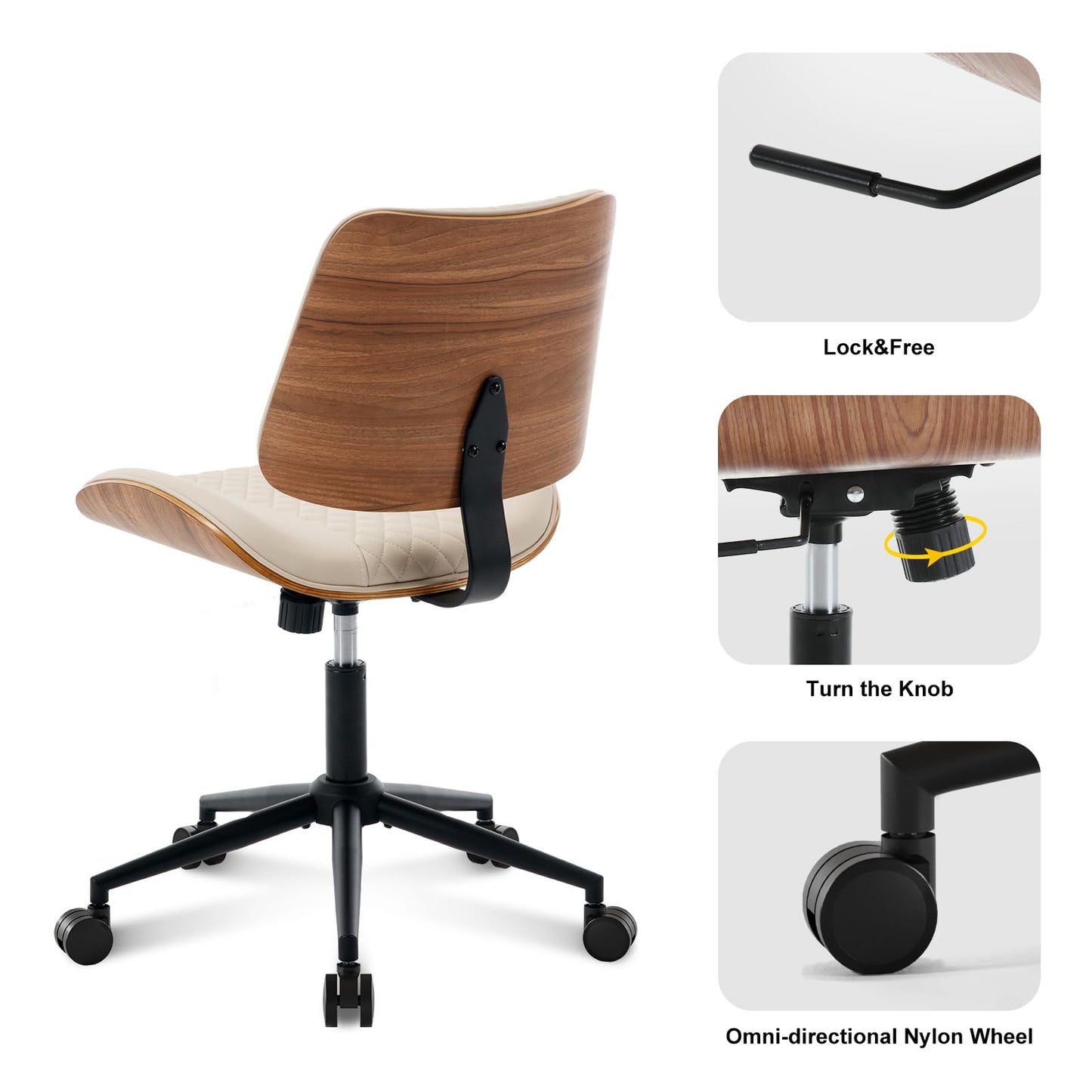 BV Home Office Chair No Arms with Wheels, Armless Small Desk Chair,Task Computer Office Desk Chair for Casual Office Small Space,Study Room,Reading Room(Beige)