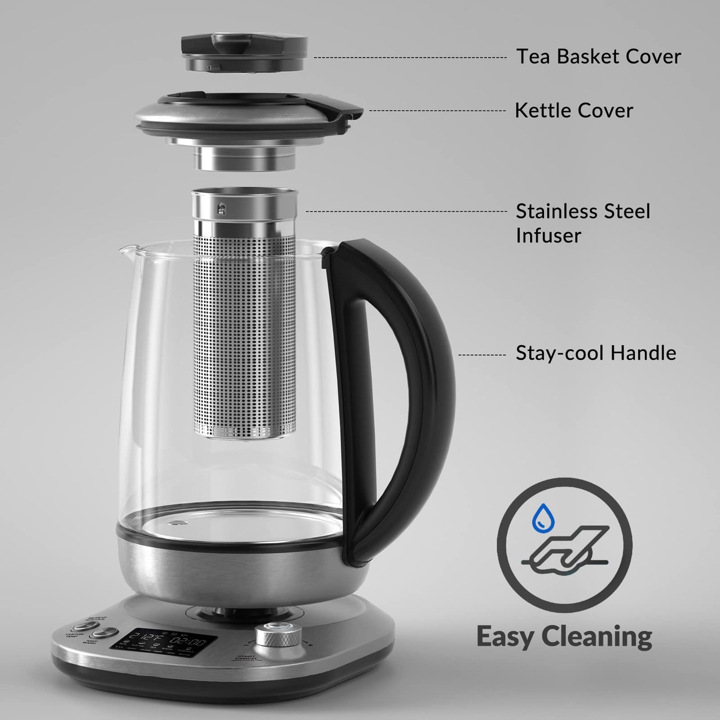 Mecity Electric Tea Kettle with Removable Infuser, 9 Preset Brewing Programs, Temperature Control, 2 Hours Keep Warm, Borosilicate Glass, 1.7 Liter, 1200W