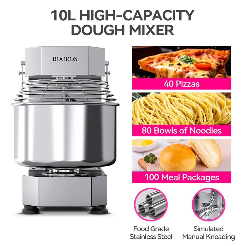 BOOROS Commercial Dough Mixer 750W Dual Rotating Dough Kneading Machine Pizza Dough Mixer 10.5Qt Capacity with Timer & Safety Shield Make 2.2-11Lbs of Dough Suitable for Bakery Pizzeria,110V