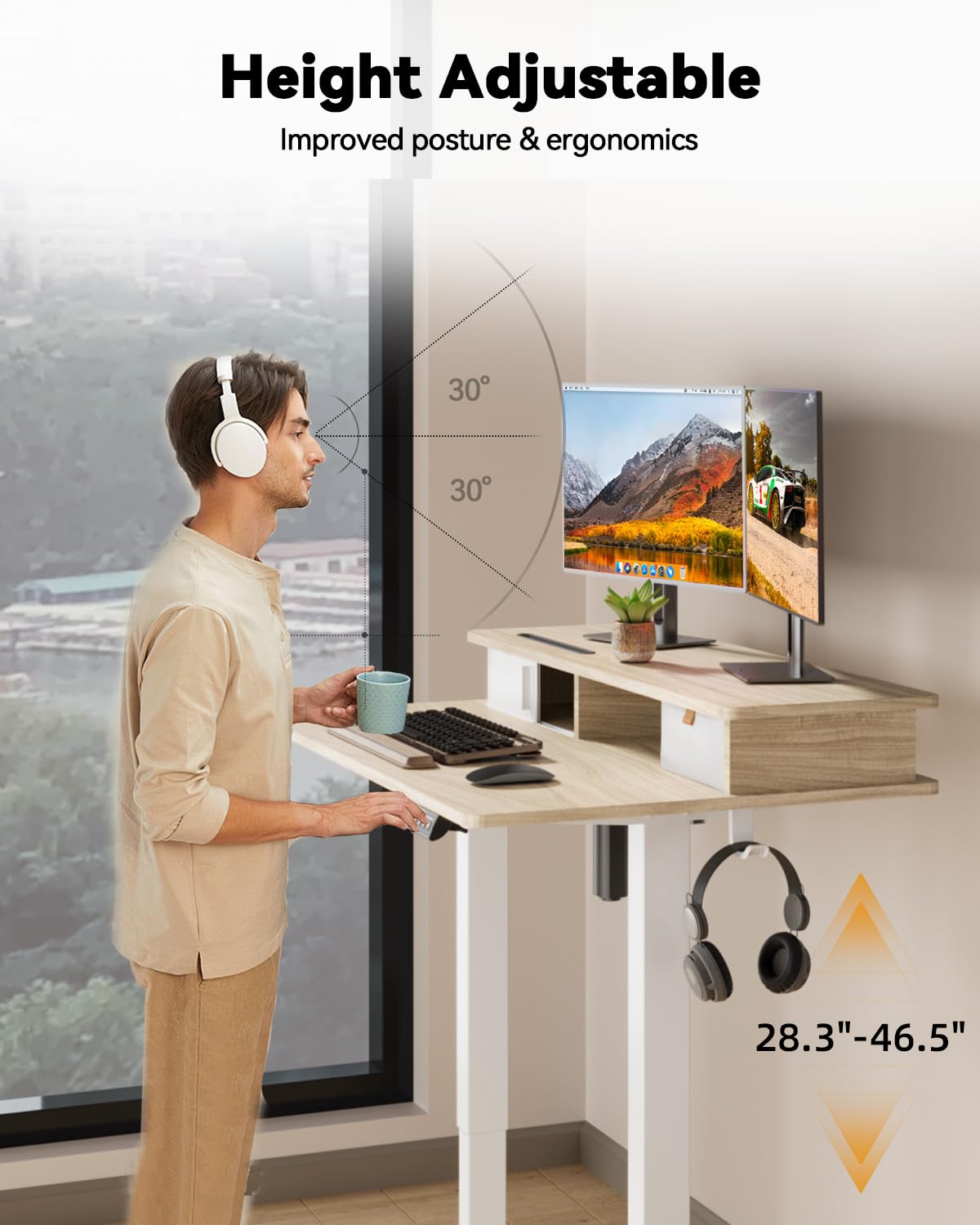JOY worker Small Electric Standing Desk, 35" x 25" Height Adjustable Desk with Built-in Monitor Stand & Storage Drawer, White Sit Stand Desk with 2 Hooks for Home Office, Light Walnut