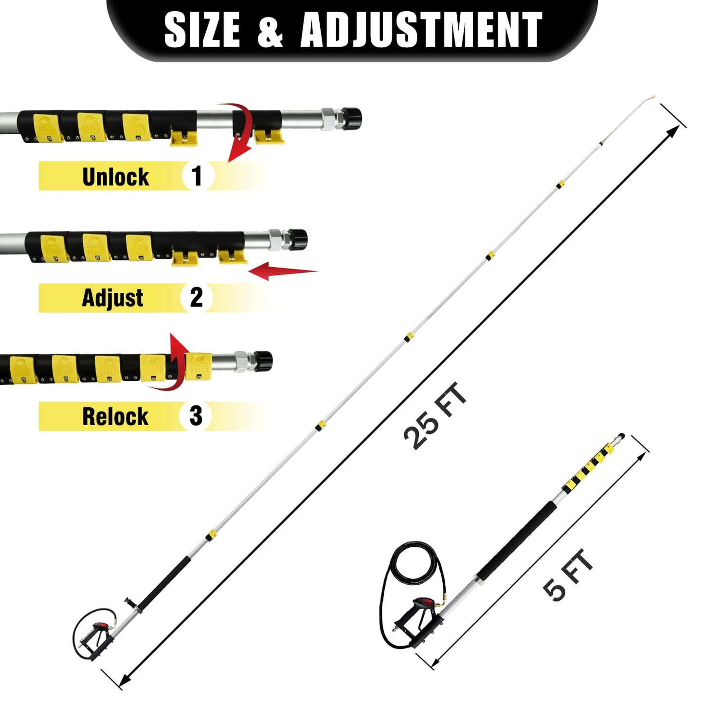 JANZ 25 FT Pressure Washer Telescoping Wand with Power Washer Extension Wands, Brush Head, Gutter Cleaner, 7 Spray Nozzle Tips, 2 Hose Adapters and Support Belt