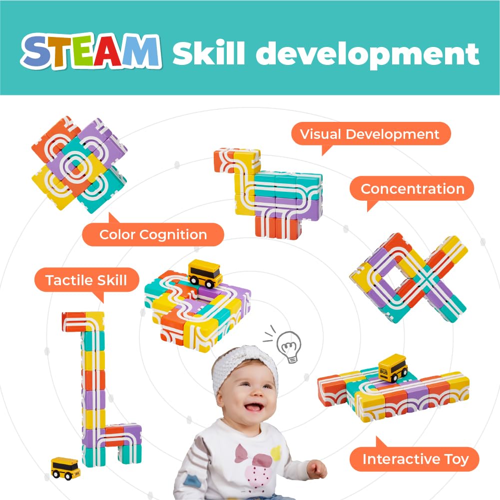 QBI Toy 2 Sets Combo | Happy School Bus & Happy World Play, Magnet Building Tiles, Colorful Blocks Construction Educational STEM Toys with Kids car for 1+ Year Old Boys & Girls (13 pcs+ 9 pcs)