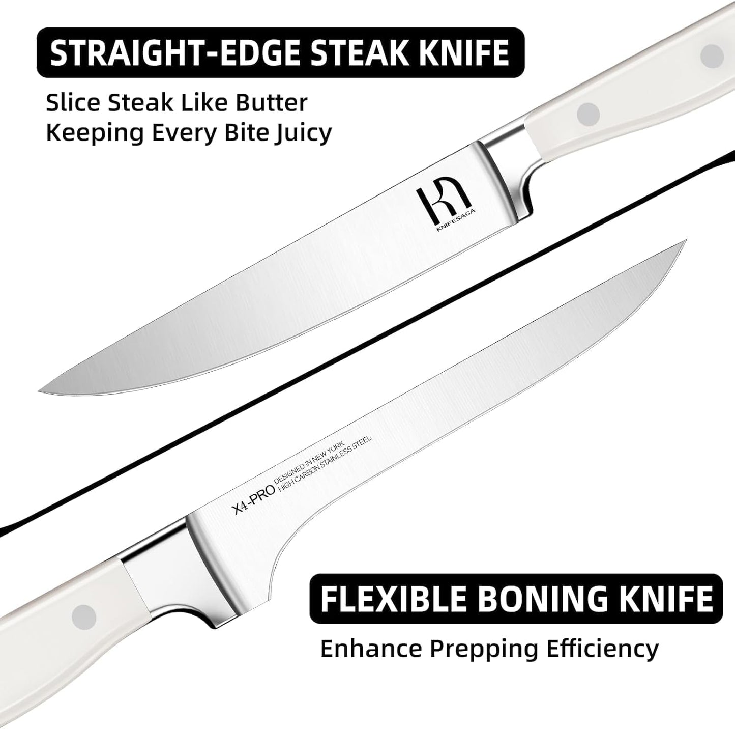 15 Pcs Kitchen Knife Block Set, Enduring Razor-Sharp High Carbon Stainless Steel Chef Knife Set with Block and Sharpener, Premium Knife Set for Kitchen, White Acacia