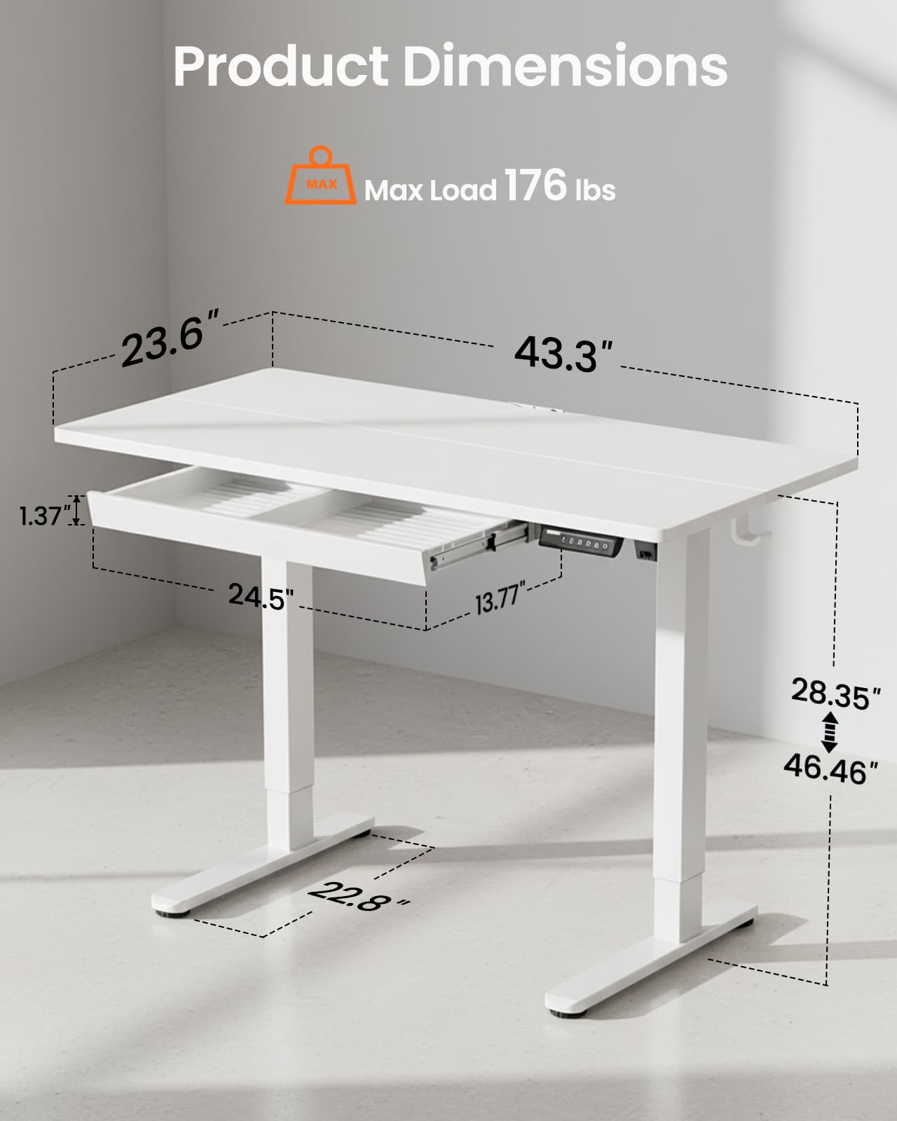 ErGear 44 inch Electric Standing Desk with Drawers, Adjustable Height with Storgear, 4 Memory Height Settings, Sit Stand Up Desk for Home Office & Computer Workstation, White