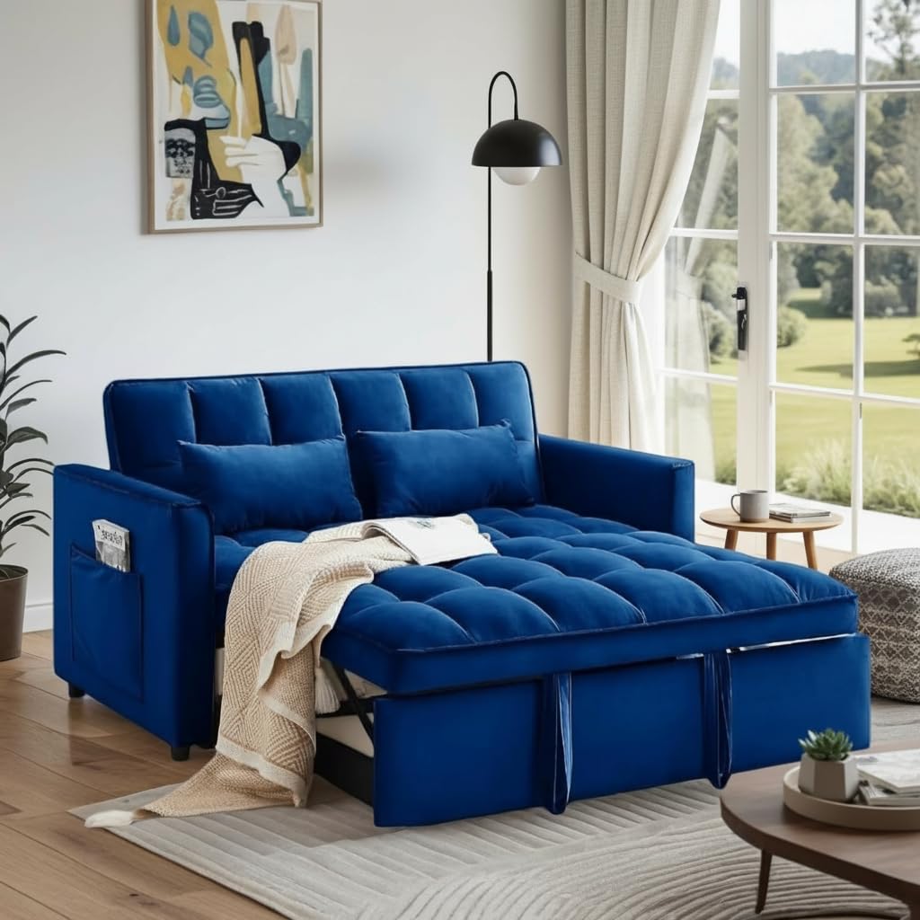 Trygoal Convertible Sofa Bed, Pull Out Couch with Side Pockets, 3 in 1 Velvet Fabric Loveseat Sleeper Sofa Bed, Pull Out Couch with Adjustable Backrest for Living Room, Bedroom, Apartment, Blue