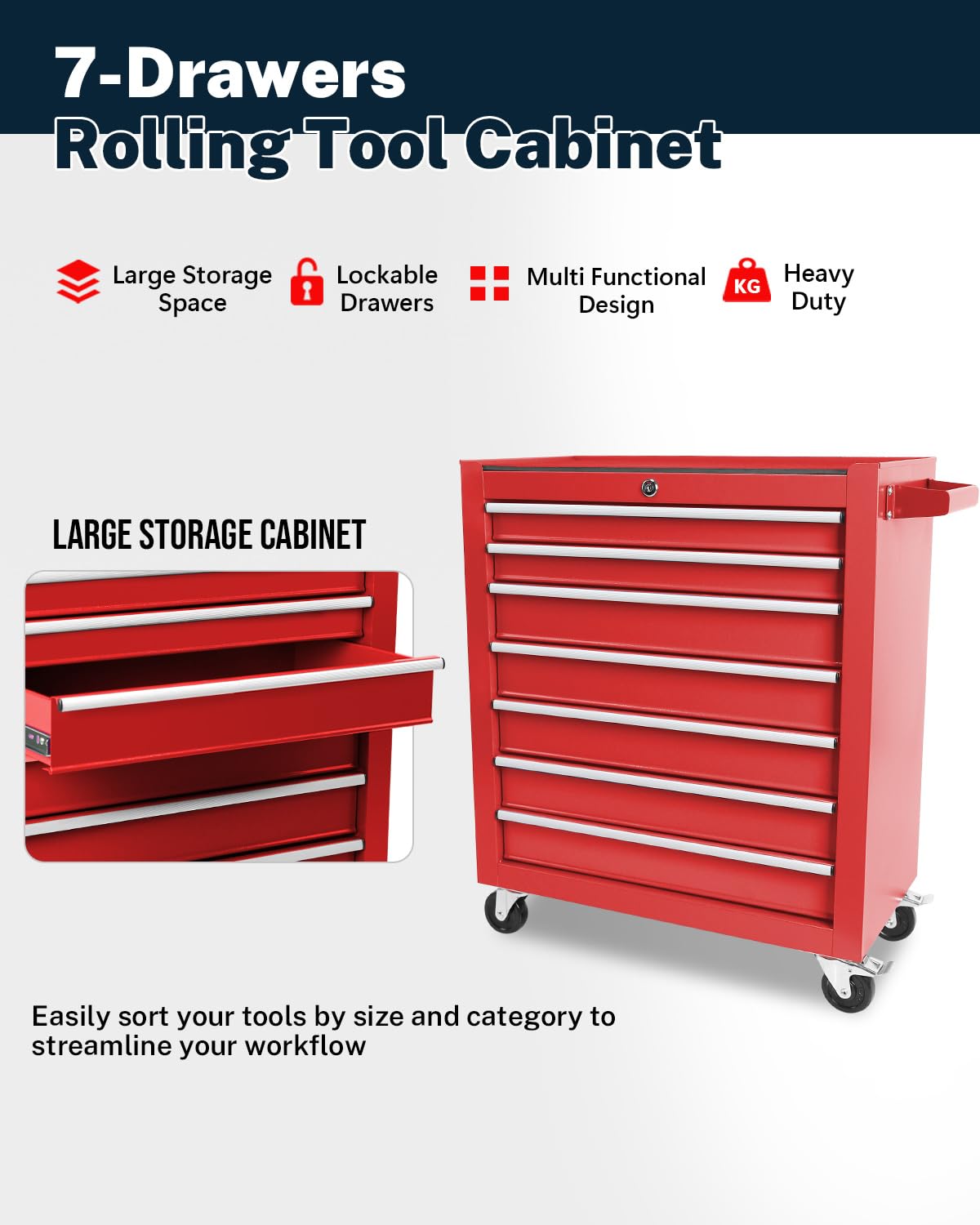 7-Drawer Rolling Tool Chest, Locking Removable Drawers Tool Cabinet with Stainless Steel Top & Brake Wheels, Heavy-Duty Garage Toolbox Cart for Home/Factory, Red