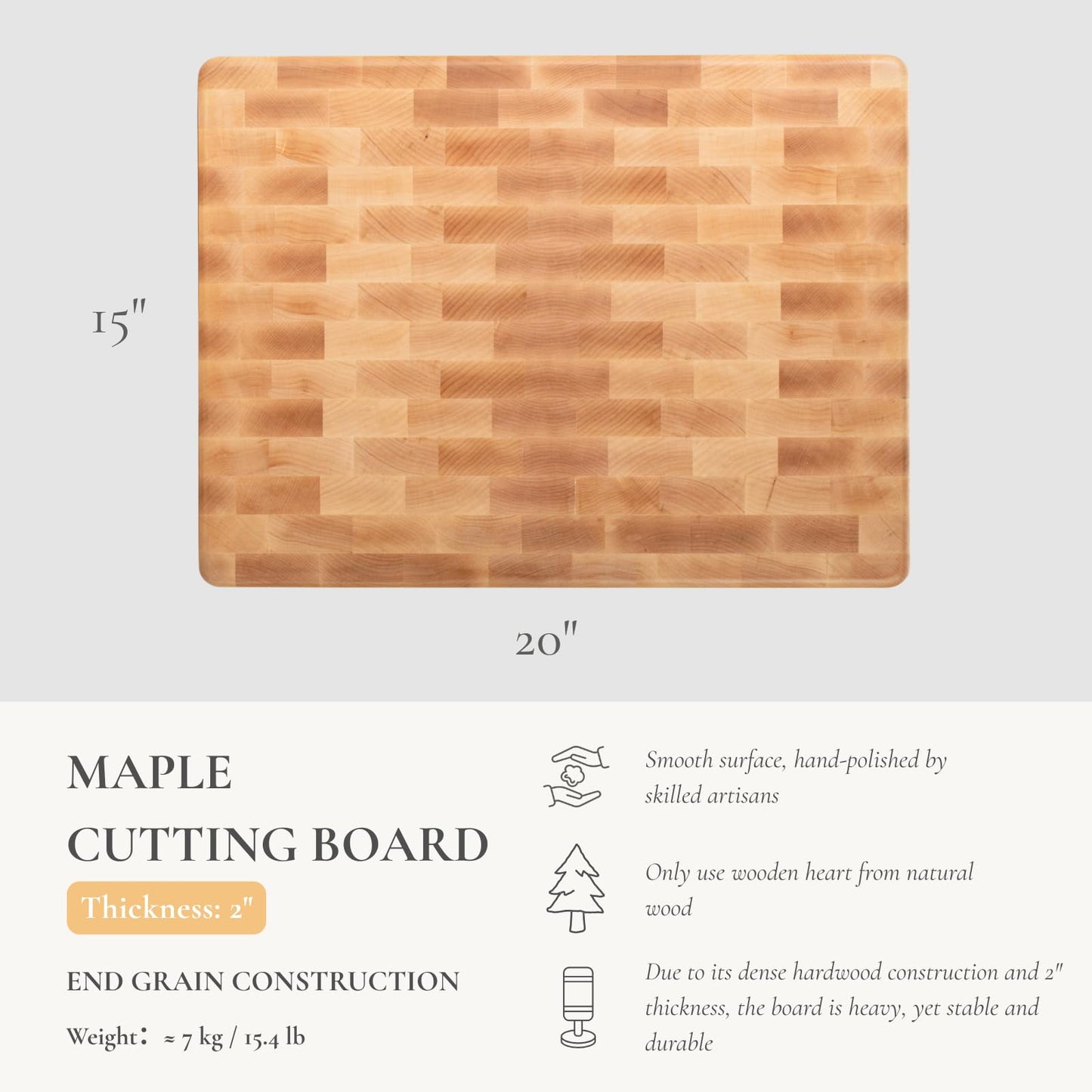 Vandroop Maple End Grain Wood Cutting Boards for Kitchen - 20x15x2” Rectangle Wooden Maple Butcher Block Kitchen Cutting Board - End-Grain Reversible Chopping Board with Finger Grips