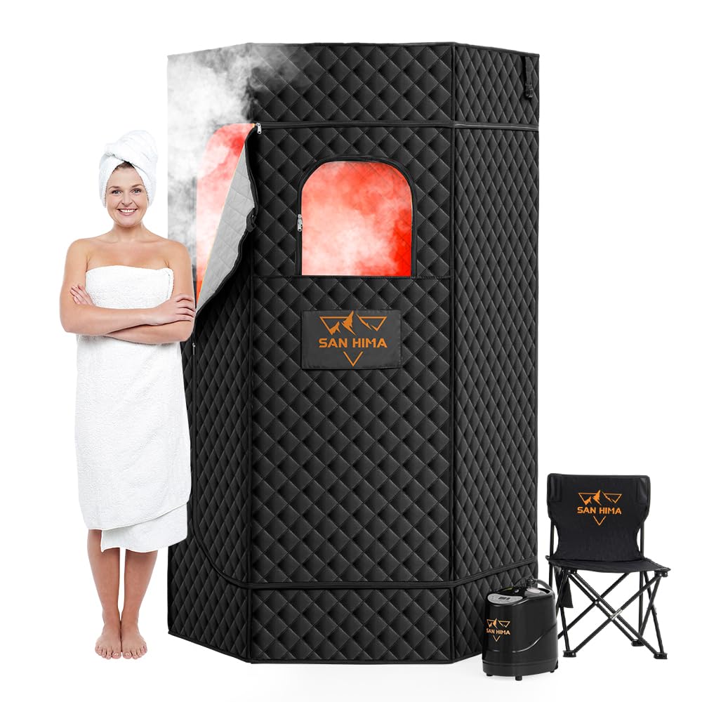 SAN HIMA Portable Sauna for Home - Personal Red Light Therapy Steam Sauna Box at Home Spa with 3L 1500W Steamer, 9 Levels Heat, 90 Minute Timer, Foldable Chair, Remote Control for Indoor Outdoor