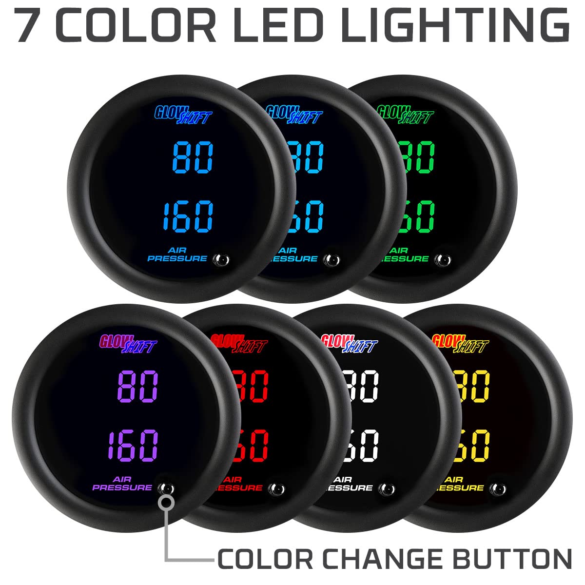 GlowShift Tinted 7 Color Dual Digital 220 PSI Air Pressure Gauge Kit - for Air Ride Suspension Systems - Includes 2 Electronic Sensors - Multi-Color LED Display - Smoked Lens - 2-1/16" 52mm