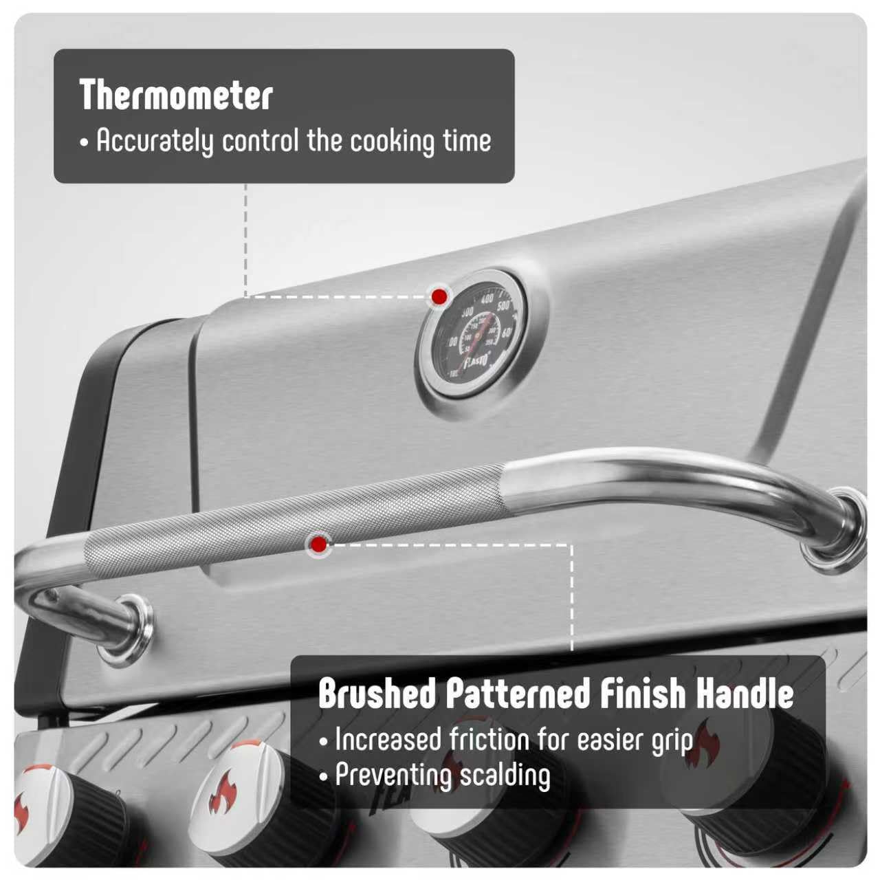 Feasto All Stainless Steel 4+1 Burner Gas BBQ Grill, Outdoor Propane Grill with Premium Enameled Coated Chamber Body & Porcelain-Enameled Cast lron Grates, 48,000 BTU
