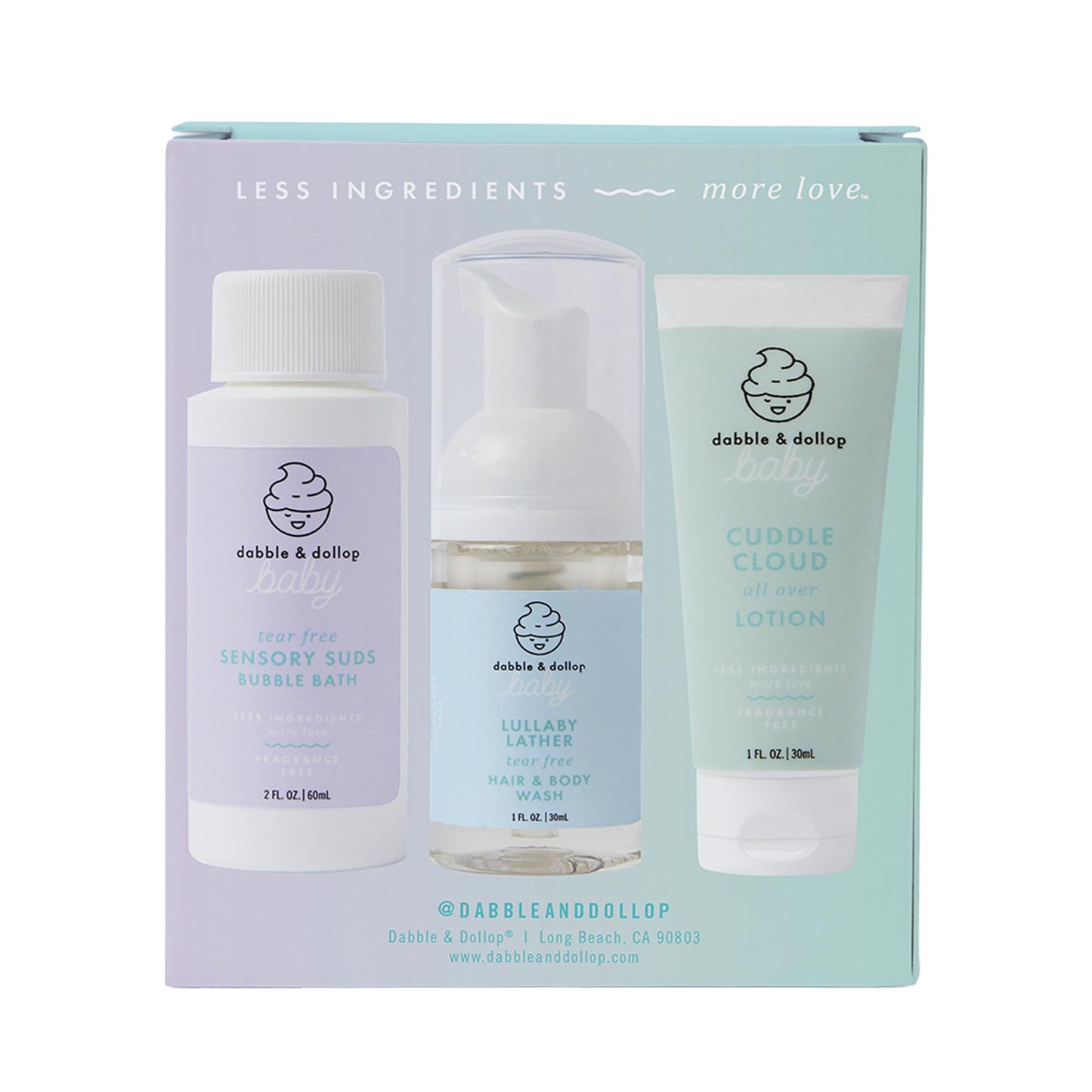 Dabble & Dollop Baby Minis Kit – Fragrance-Free, Tear-Free Shampoo & Body Wash, Bubble Bath and All Over Lotion, Travel Size Baby Toiletries or Gift Set for Newborns & Sensitive Skin