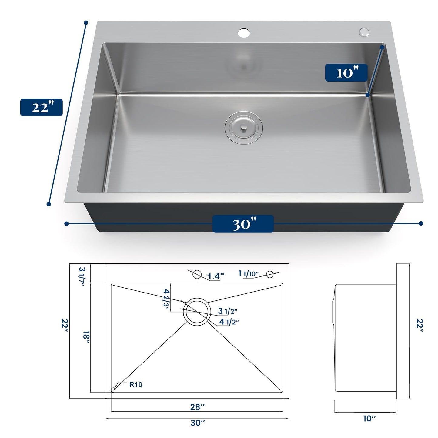 30 Inch Stainless Steel Kitchen Sink Workstation, Single Bowl Drop-in with Cutting Board, Drain Basket and Roller Shutter, 16 Gauge Stainless Steel T304 Construction