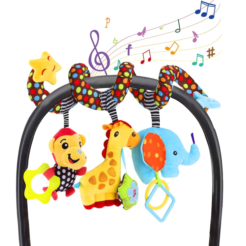 WILLWAY Car Seat Toys, Stroller Toy Baby Spiral Hanging Toys for Sensory Exploration, 0-12 Months Newborn Toys for Car Seat Stroller Crib Bassinet Mobile with Music Box BB Squeaker Rattles