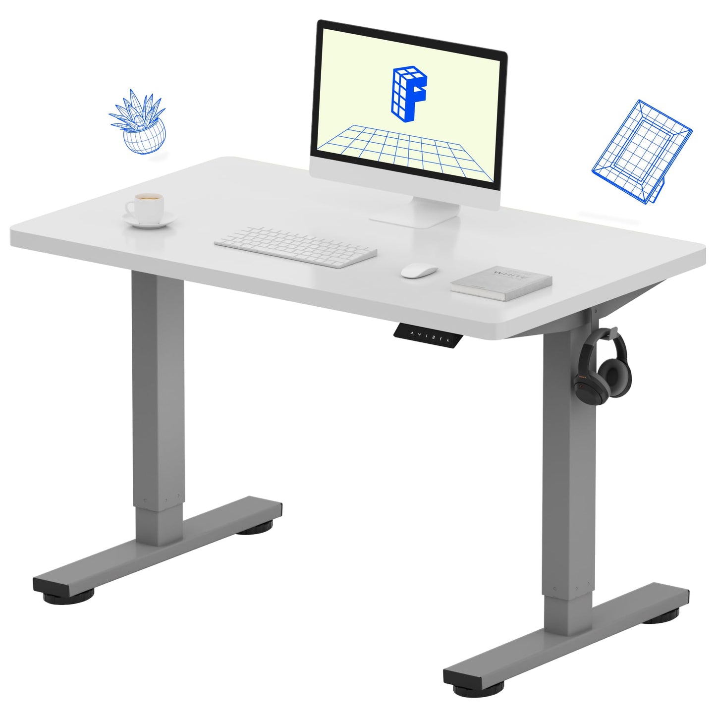 FLEXISPOT EN1 One-Piece Adjustable Desk 40 x 24 Inches Stand Up Desk Workstation Electric Standing Desk with Seamless Desktop (Silver Frame + 40 inches White Top, 2 Packages)