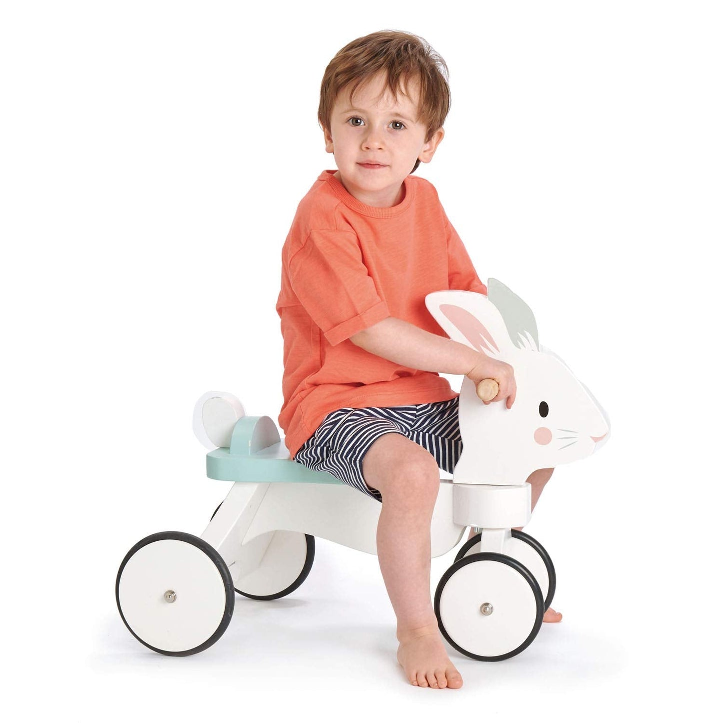 Tender Leaf Toys - Running Rabbit Ride On - Wooden Four Wheeled Push Balance Rabbit Themed Bike with Rubber Ring and Handle - Early Walk Development and Muscle Strength Enhancement for Children 18M+