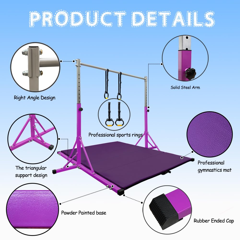 JC-ATHLETICS Gymnastics Kip Bar for Kid and Teenage Ages 3-18, 5.2FT Base Length, Adjustable Height from 3FT to 4.8 FT Height,Foldable Gymnastic Training Equipment for Home and Club Use