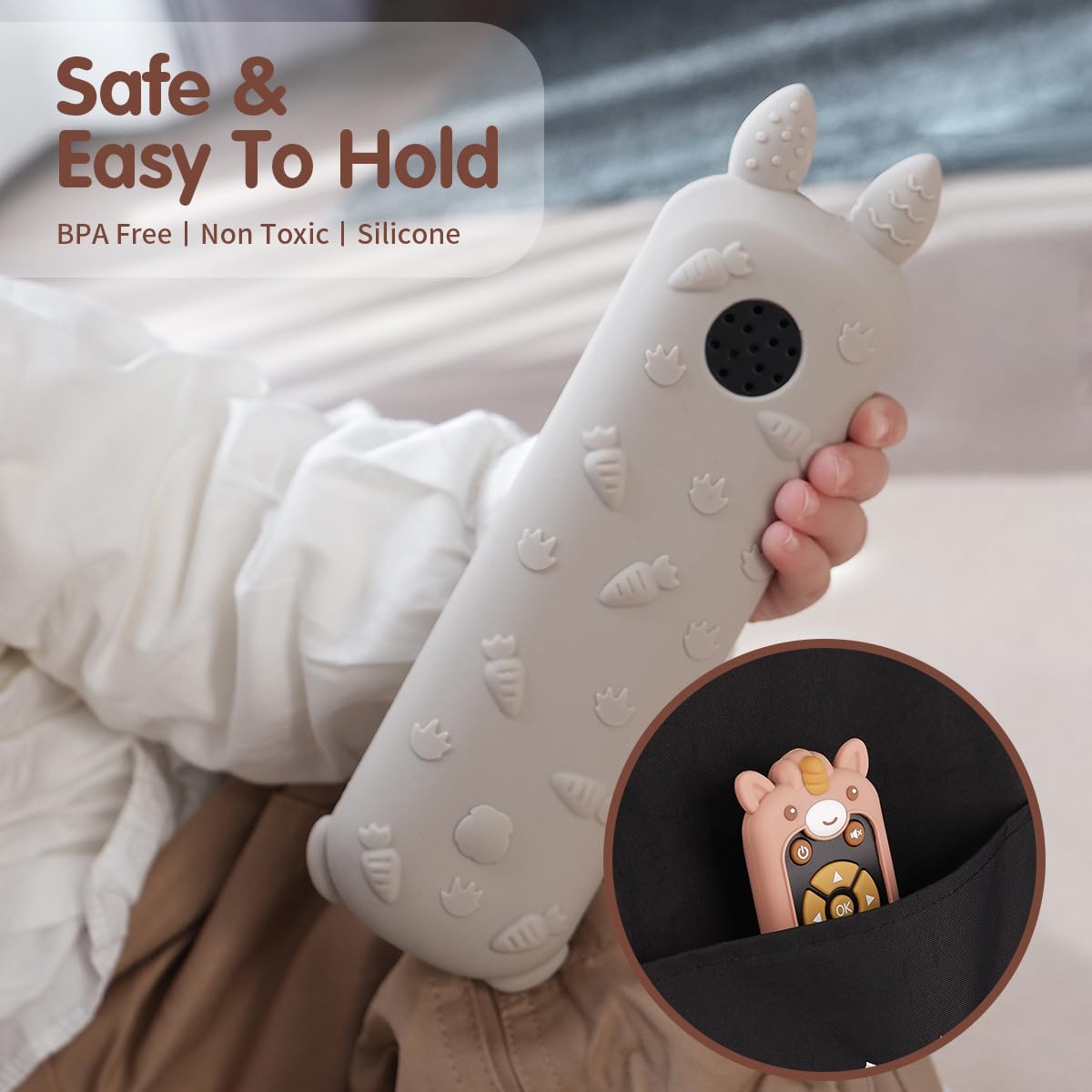 Nueplay Pretend Remote Control Toy for Toddlers with Light and Music-Includes 2 Washable Silicone Covers,Trilingual Number Learning in English,Spanish and French,Gifts for 1 Year Old Girls
