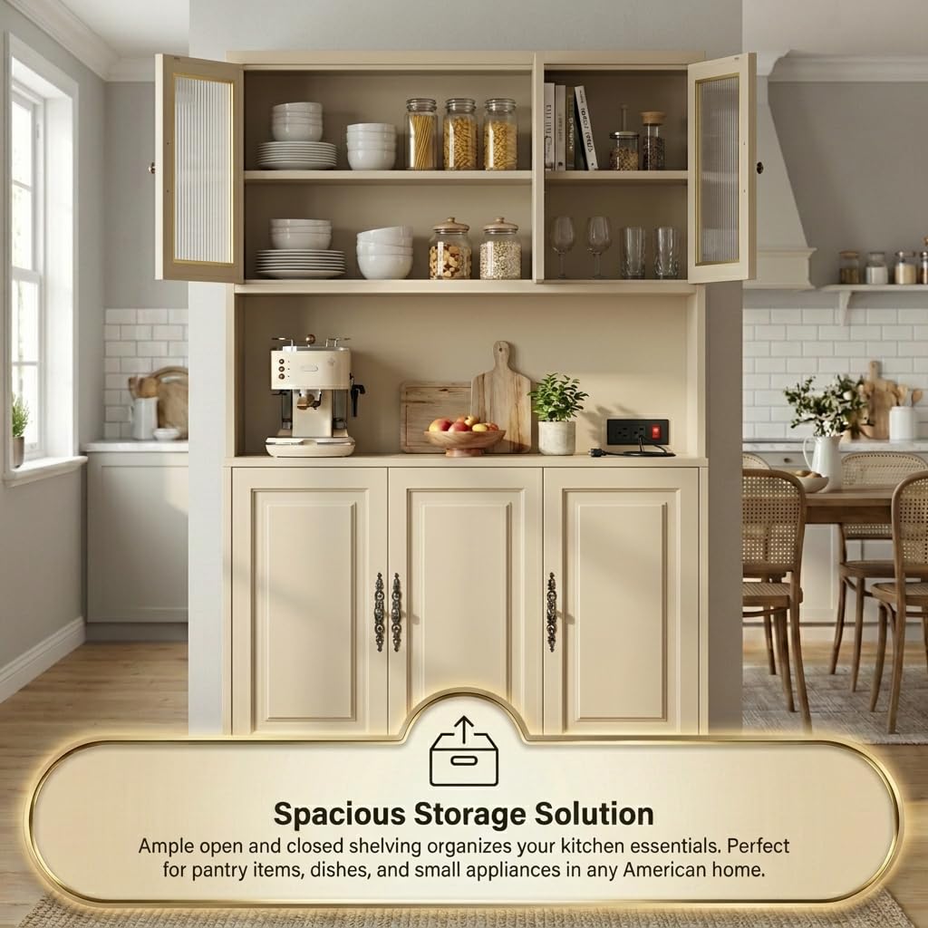 AUN Pantry Cabinet with Charging Station - 68" Multi-Scene Storage Cabinet for Kitchen, Coffee Bar, Dining Room | Adjustable Shelves & Soft-Close Doors,Beige