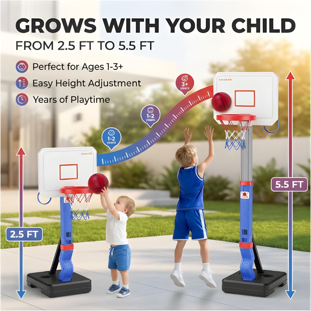 BRAGZO Toddler Basketball Hoop with Ring Toss Game, 2-in-1 Adjustable (2.5–5.5 Ft) Indoor & Outdoor Kids Basketball Set with Mini Balls, Rings, Pump & Stable Base Sports Toy for Boy & Girl Age 1-5
