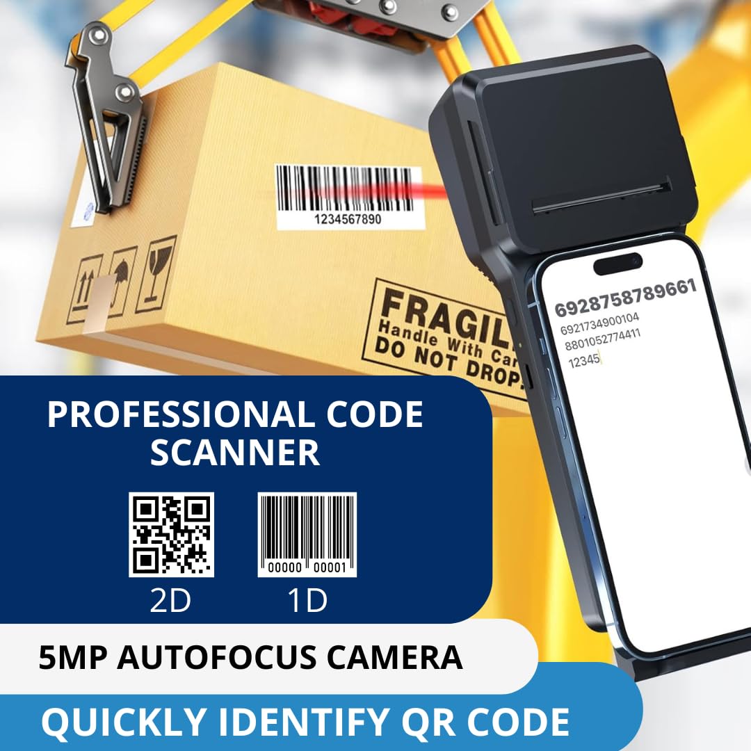 Multzo POS XP-P1 Portable Thermal Printer, USB & Bluetooth, 58mm Paper Width, High-Speed Printing, 1D/2D Barcode Scanning, Compatible with Windows, Linux, Android, iOS (Black)