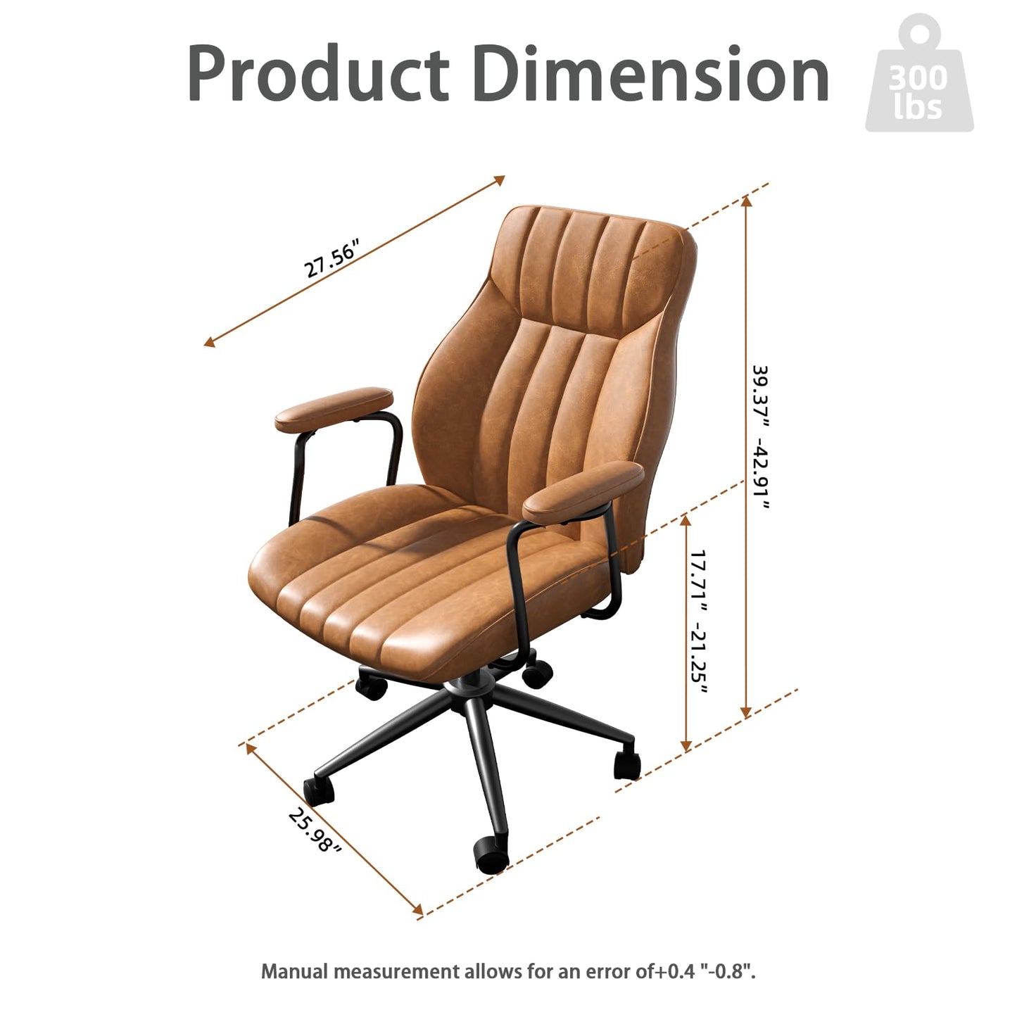 Bananister Brown Leather Office Desk Chair with Wheels and Arms, Height Adjustable, Vintage, Mid Century Modern Style
