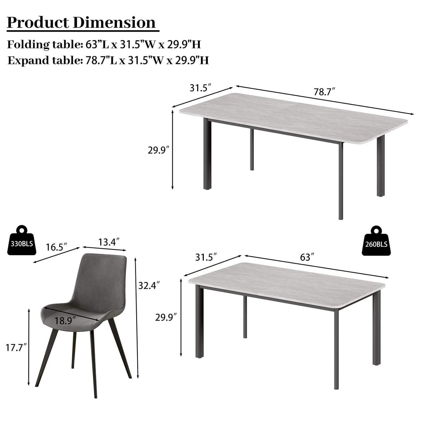 HIPIHOM 63"- 78.7" Extendable Dining Table Set for 6, Modern Kitchen Table with 6 Dining Chairs for 4-6 Person, Thickened Expandable Wooden Table with Metal Legs for Dining Room, Kitchen