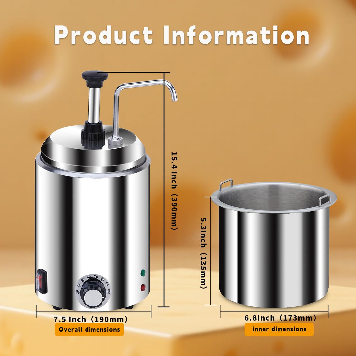 SNICE Electric Nacho Cheese Dispenser Chocolate Warmer Dispenser 304 Stainless Steel Pump 3.0 Qt Hot Fudge Dispenser W/Temperature Adjustment,for Hot Fudge,Cheese,Chocolate,Caramel,Butter Hot Sauce