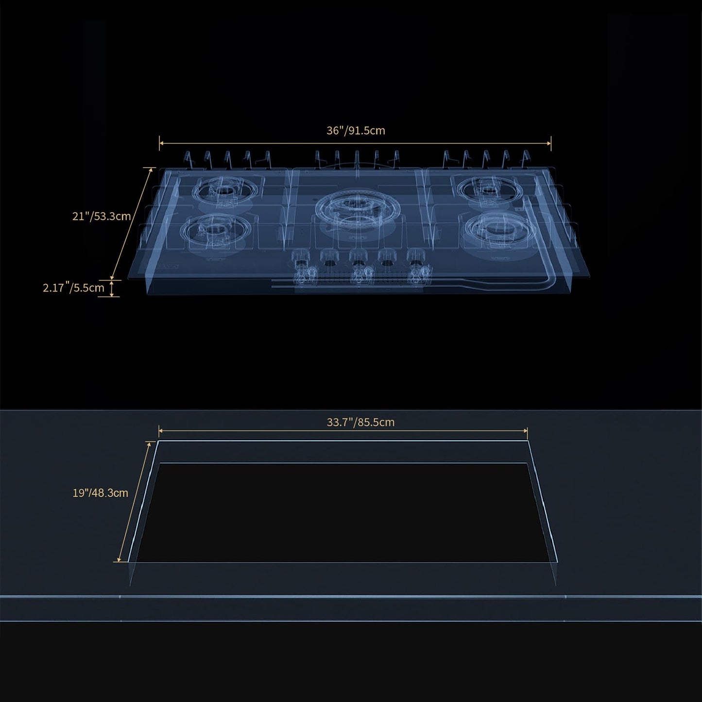 Empava 36 Inch Built-in Gas Cooktop with 5 Sealed SABAF Burners, Black Tempered Glass Surface, LPG/NG Convertible, Flame Failure Protection, Dishwasher Safe Grates