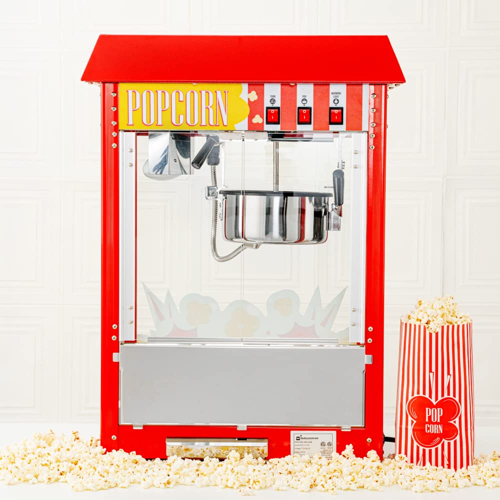 Restaurantware Hi Tek 8 Ounce Commercial Popcorn Popper Machine 1 Electric Popcorn Maker Machine - Popcorn Cart Sold Separately 3-Switch Operation Red Stainless Steel Popcorn Machine 120V