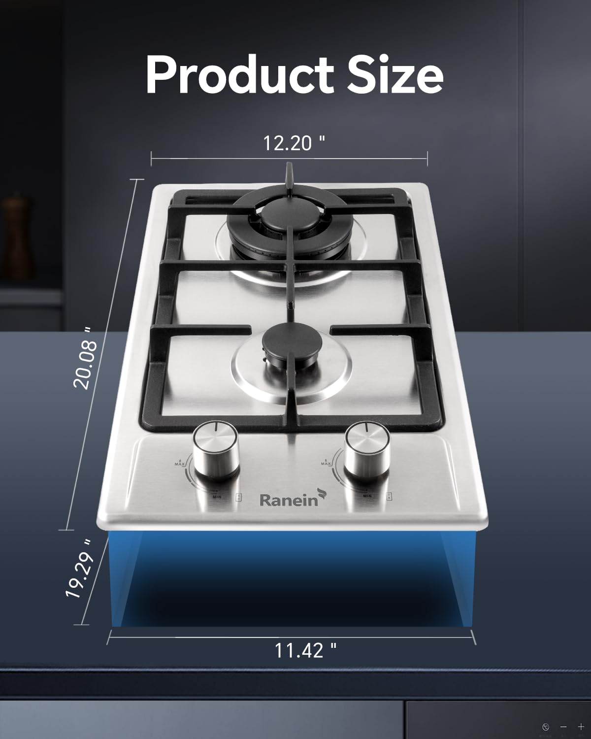 2 Burner Gas Cooktop – Stainless Steel Built-in Gas Stove for Apartment & Small Kitchen, LPG/NG Convertible, Easy Installation, Compact Size