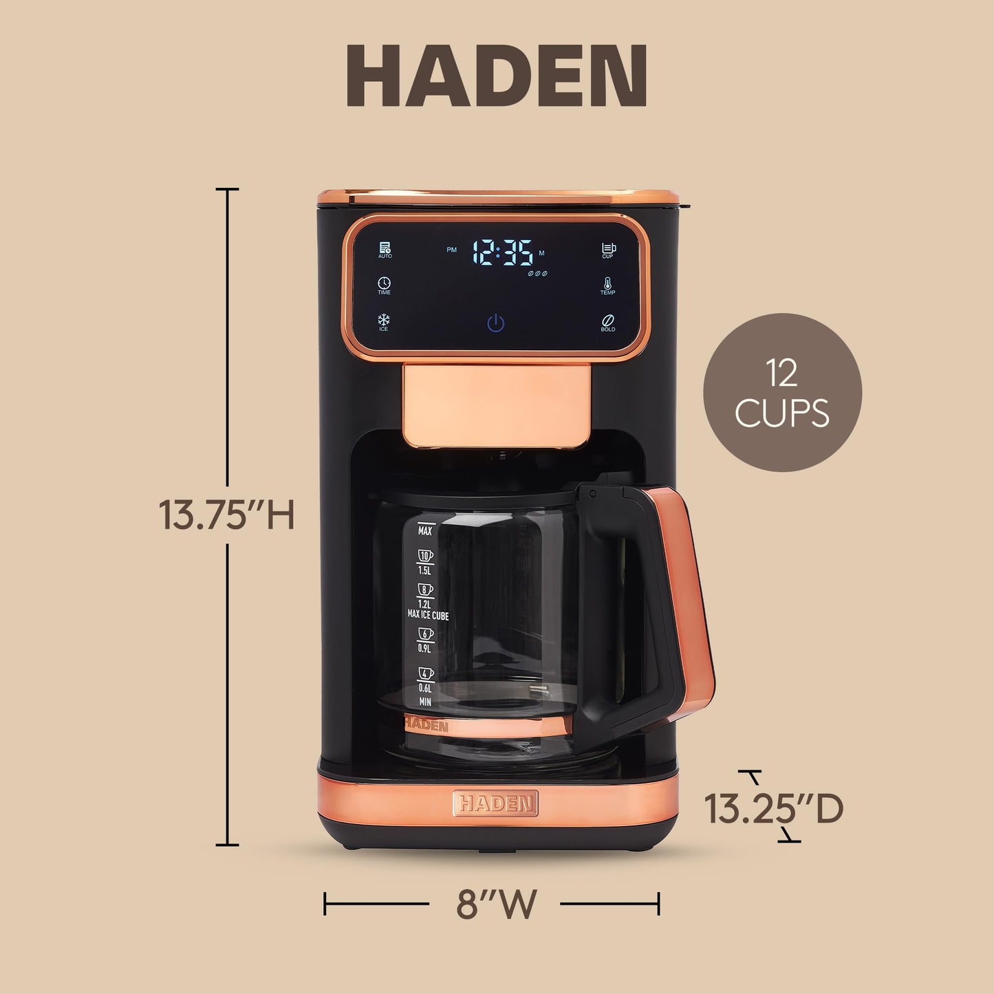 Haden Dual Brew 12 Cup Hot and Iced Coffee Maker with 120 Minute Keep Warm, Delay Brew, Adjustable Strength, Programmable Clock, and Anti Drip, Black