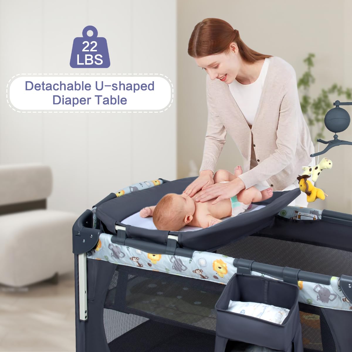 5-in-1 Baby Bassinet Bedside Crib, Pack and Play Long Next to Parents Bed Crib with Toys & Music Box, Mattress, Foldable Playard, Playpen Travel Bed Nursery Center for Girl Boy Infant Newborn