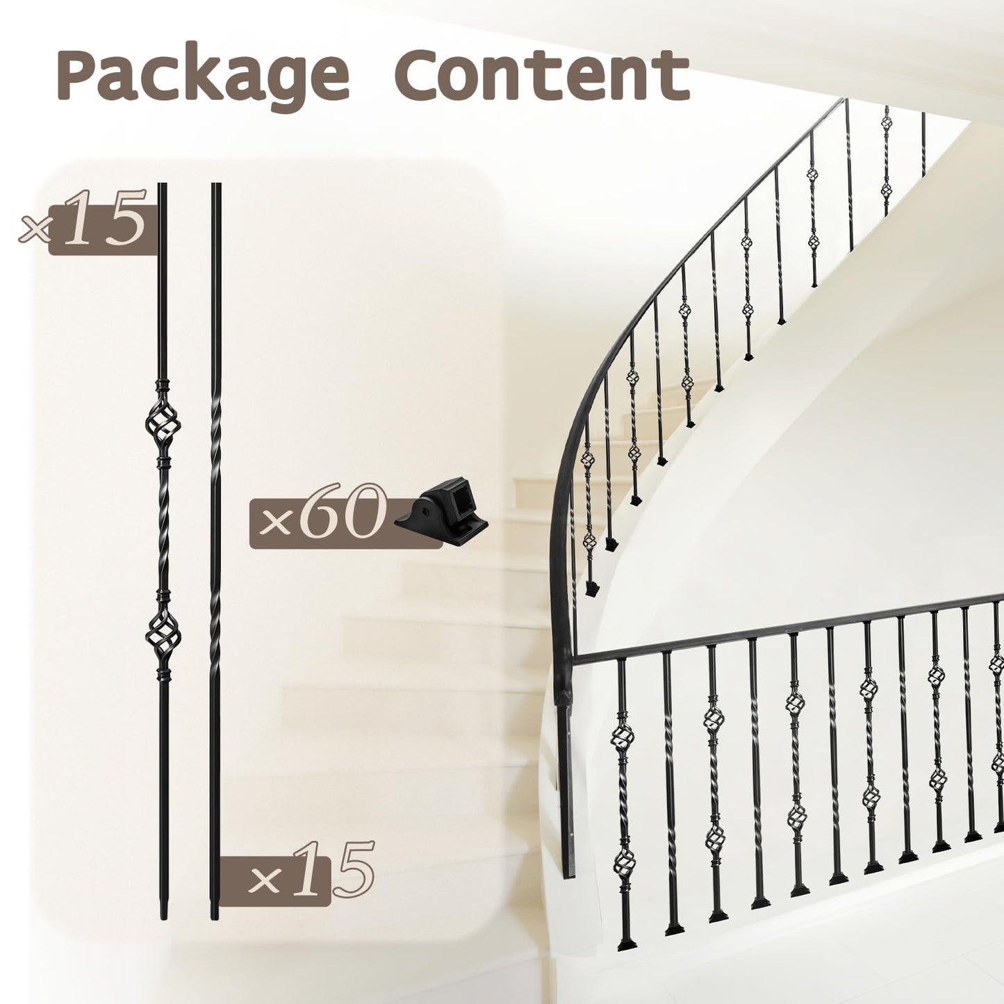 30 Pack Wrought Iron Balusters for Staircase Interior, 1/2" x 44" Hollow Deck Spindles Stair Railing Indoor with 60 Fixed Swivel Shoes, Metal Double Basket Decorative Stair - Matte Black