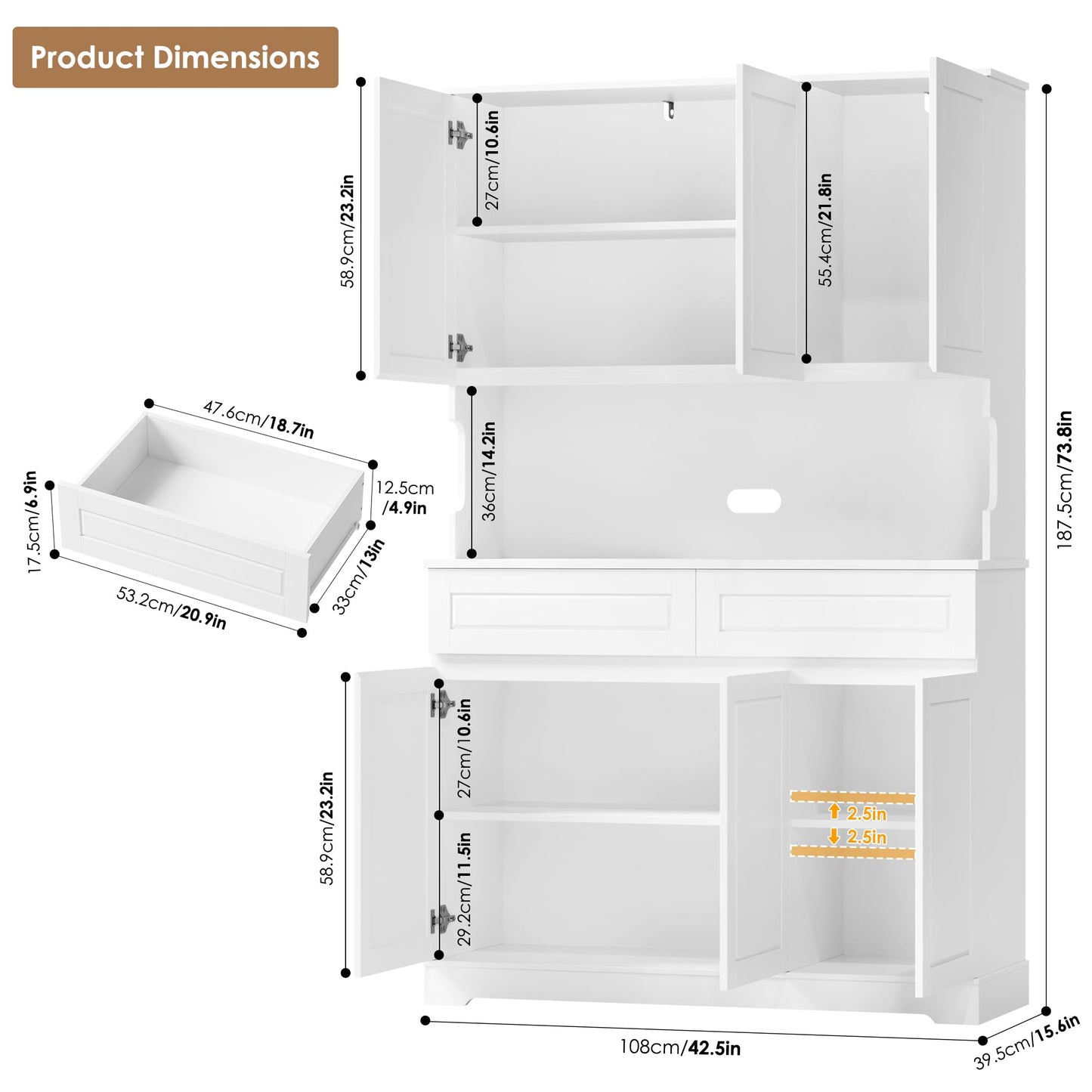 FACBOTALL 74" Pantry Cabinet, Tall Kitchen Pantry Cabinet with 6 Doors and 2 Drawers, Kitchen Hutch with Wide Countertop, Modern Kitchens Cupboard with Adjustable Shelves and Charge Holes, White