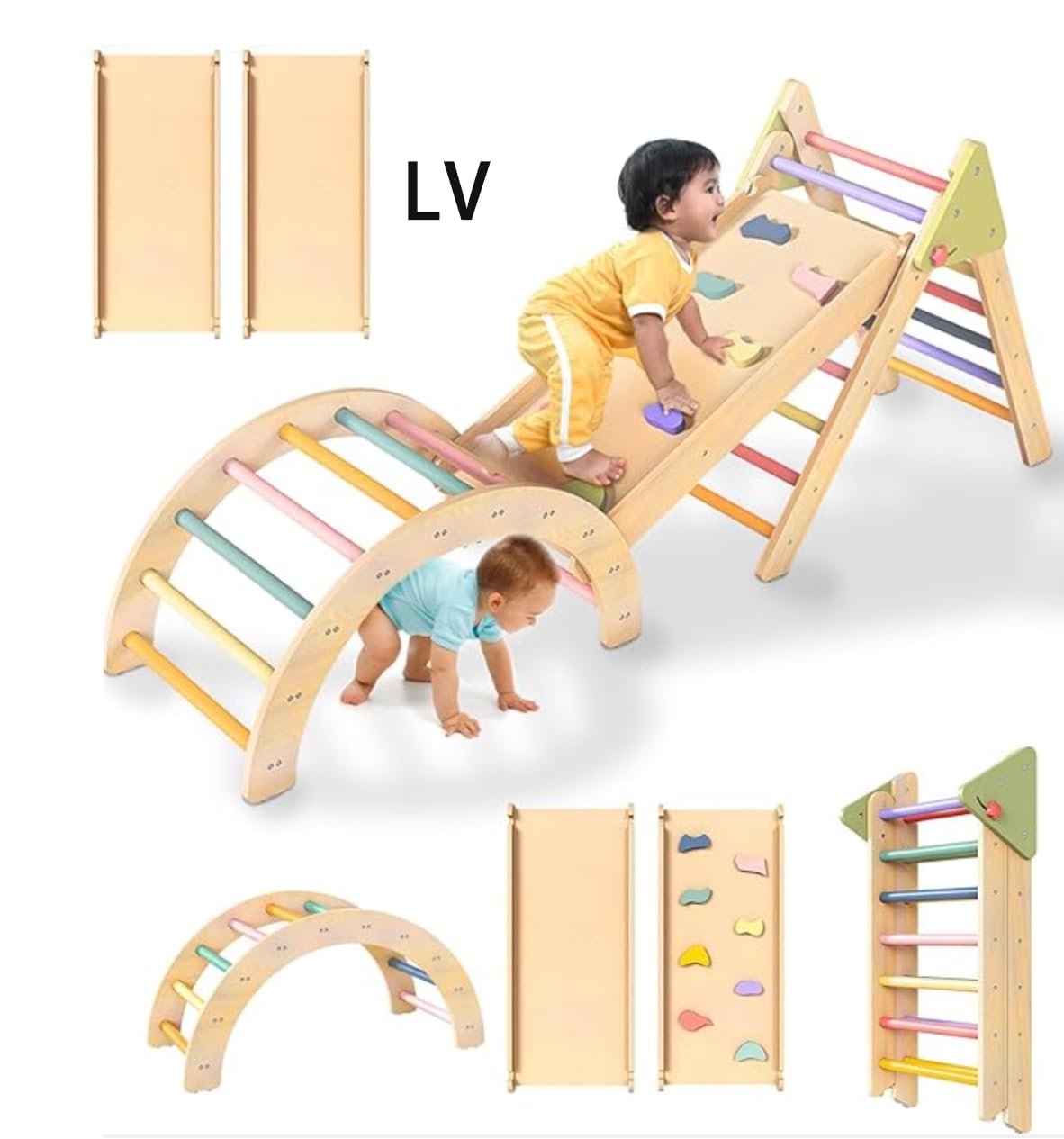 NEOCOZY Pikler Triangle Set with Cushion, Arch and Slide, Toddler Climbing Toys Indoor Playground, Montessori Climbing Set, Indoor Jungle Gym, Wooden Pickler-3 Piece Climbing Gym for Kids 1.5-6yr