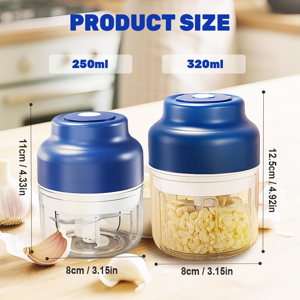 Electric Mini Garlic Chopper Set, 2025 New Small Garlic Chopper Mincer, Electric Food Chopper Tool, USB Rechargeable, Wireless Veggie Grinder, for Mashing Onion, Garlic, Chili, Ginger (Blue, 250ml)