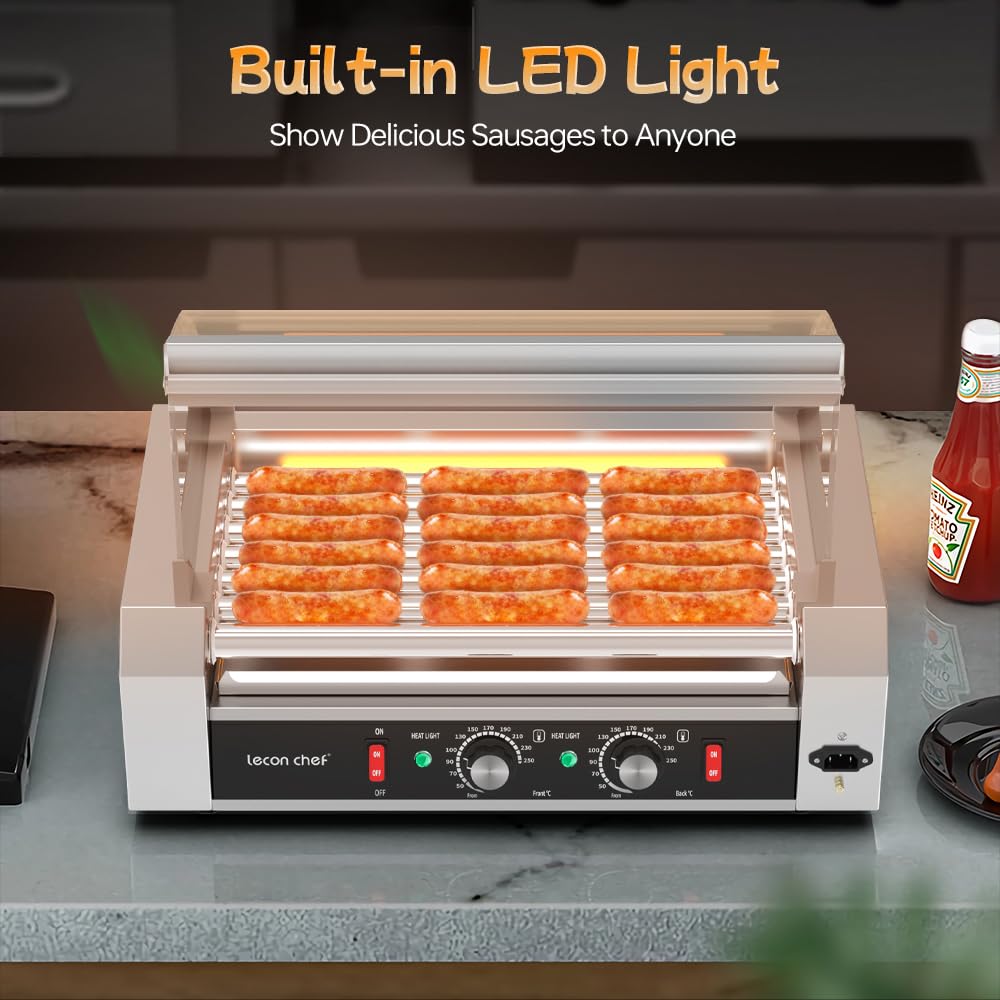 Leconchef Hot dog roller machine Commercial Grade Stainless Steel Electric 24 Hot Dog 7 Roller Grill Cooker Machine with Detachable Glass Cover、Dust cover and LED Lights, 1200-Watts