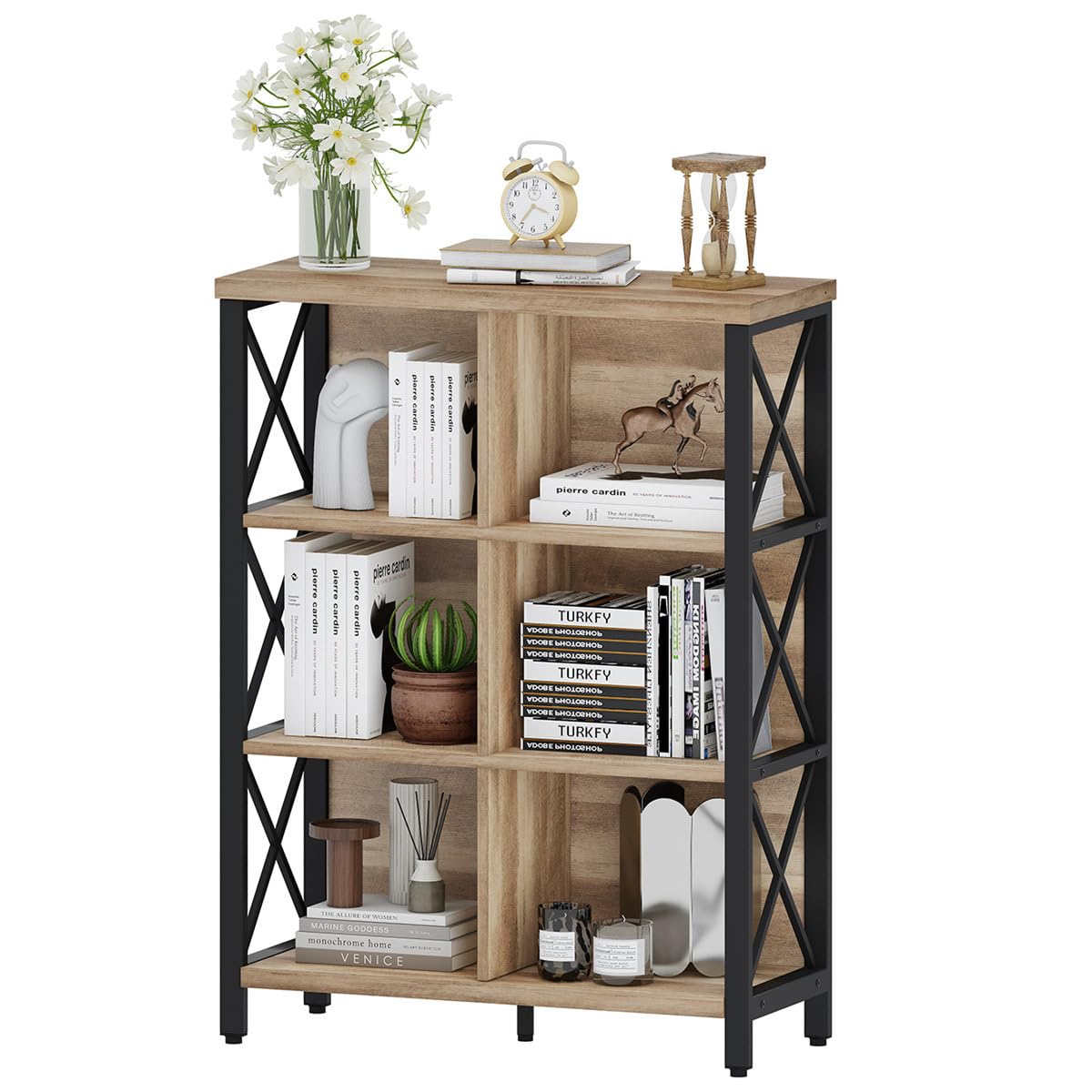 FATORRI Bookcase, 6 Cube Storage Organizer Shelf, Wood and Metal Cubby Book Shelf, Industrial 4 Tier Cube Bookshelf (Rustic Oak)