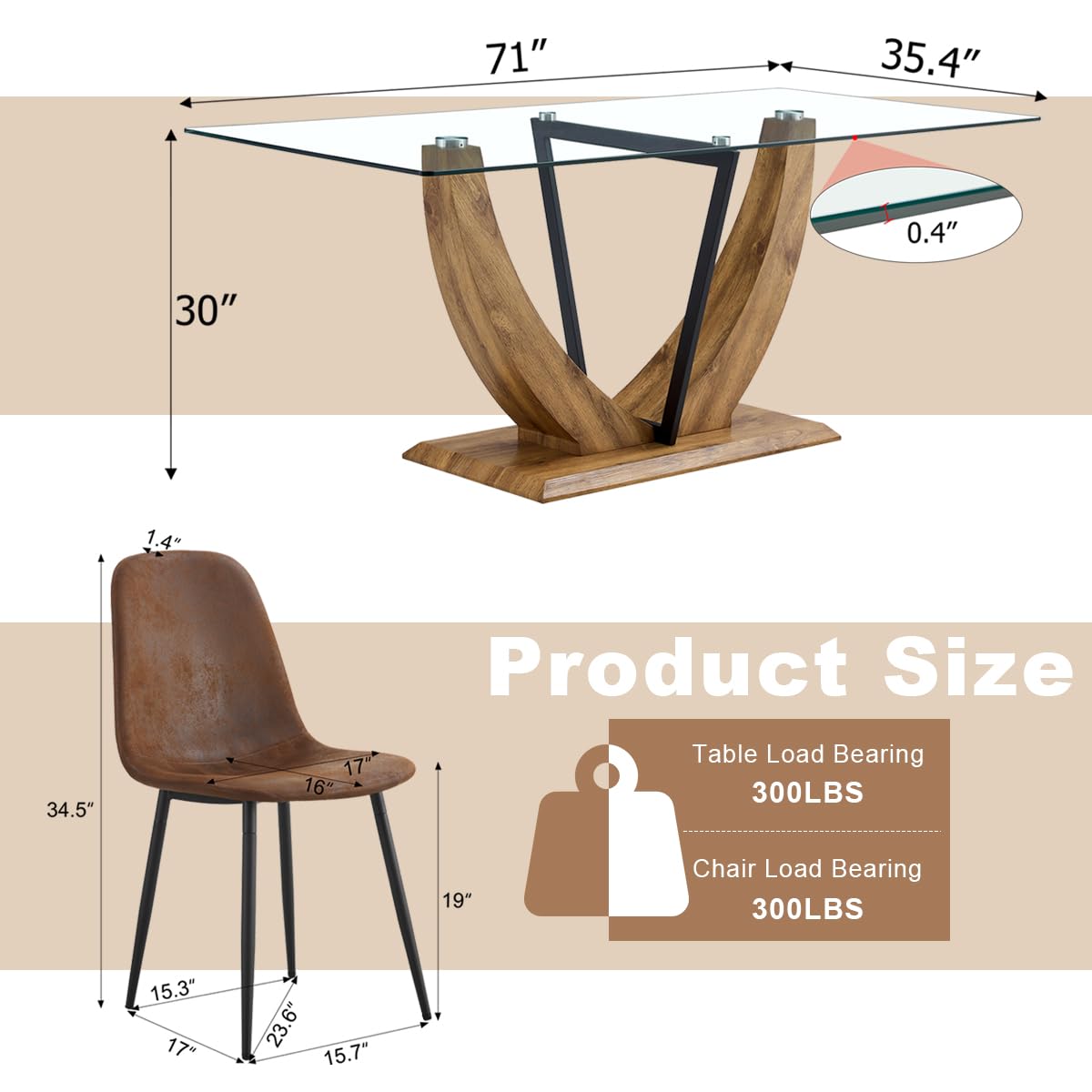 JEARGE 71" Glass Dining Table Set for 6, 7 Piece Dining Table Set,Tempered Glass Table Top with U-Shaped Legs and Fabric Dining Chairs,Ideal for Kitchens, Living Rooms (Brown Chair, 1 Table+6 Chairs)