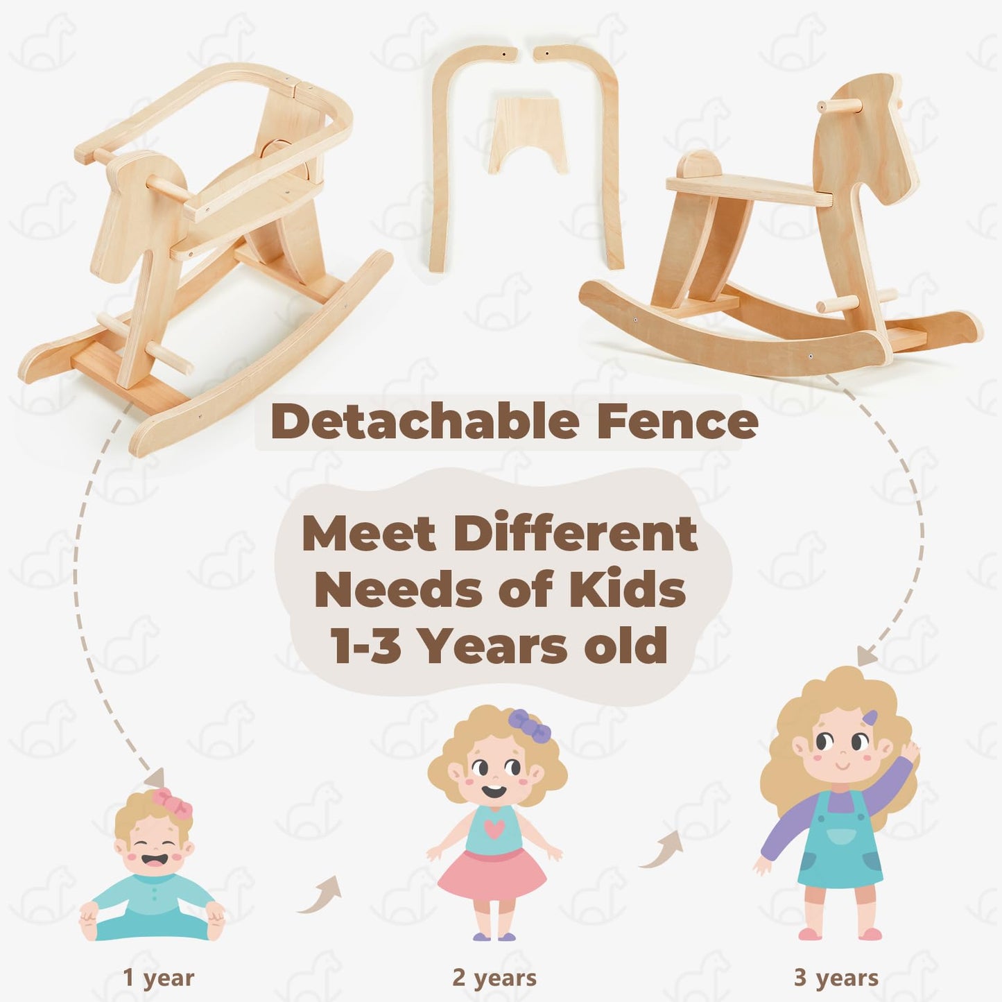 labebe - Wooden Rocking Horse, Baby Wooden Ride On Toys for 12M+, Classic Rocker Toy with Removable Fence, Toddler Riding Toy Indoor/Outdoor, Nursery Birthday Gift (Natural)